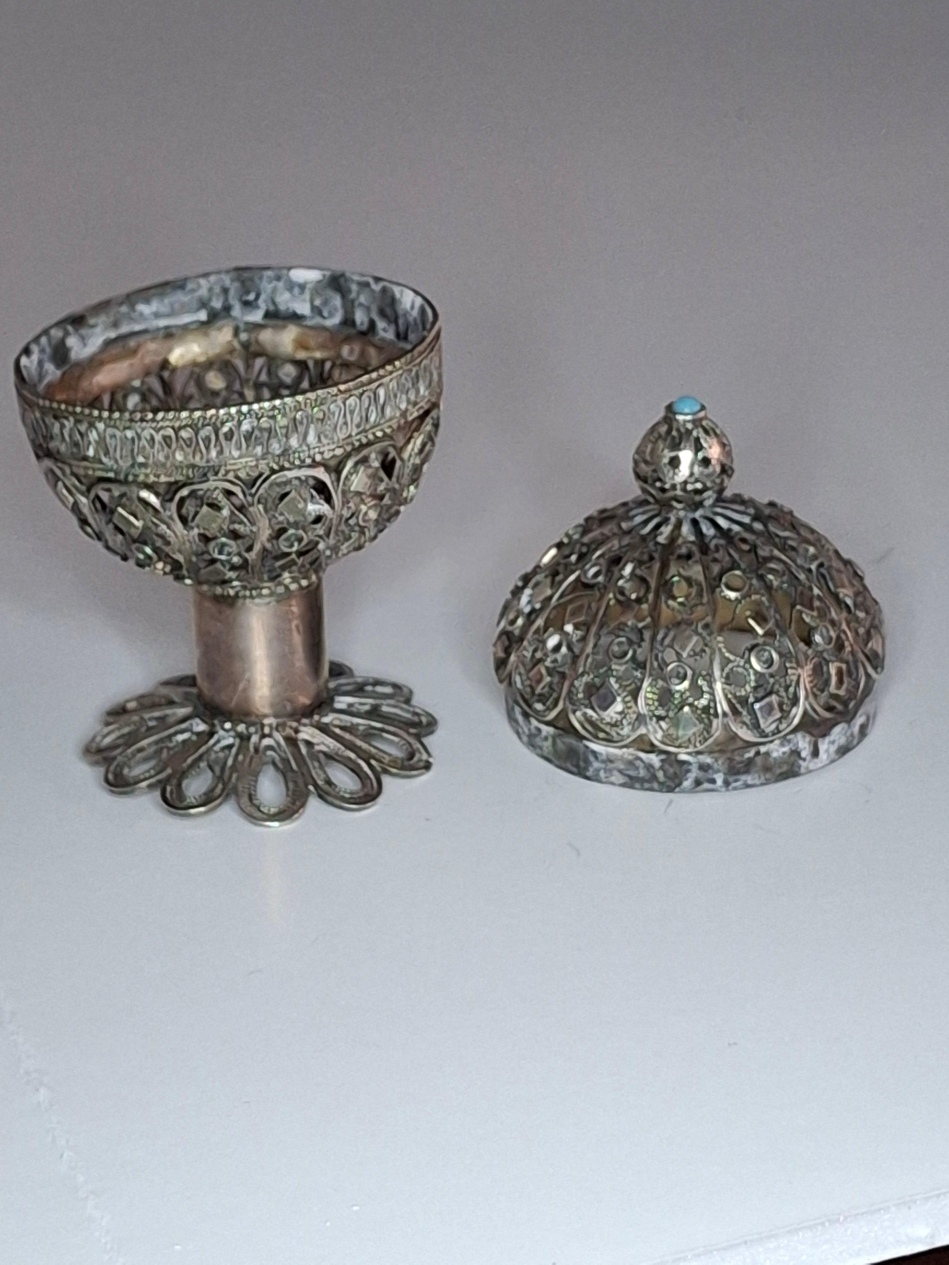 Antique Filigree Silver Besamim Spice Box with Turquoise Stone - 19th Century Judaica