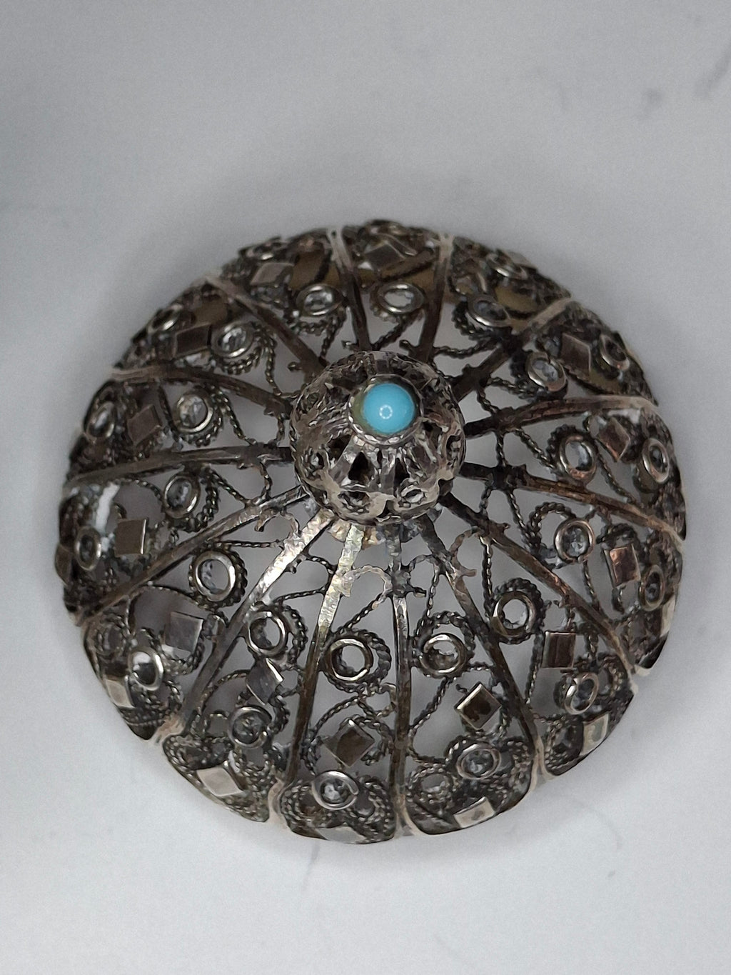 Antique Filigree Silver Besamim Spice Box with Turquoise Stone - 19th Century Judaica