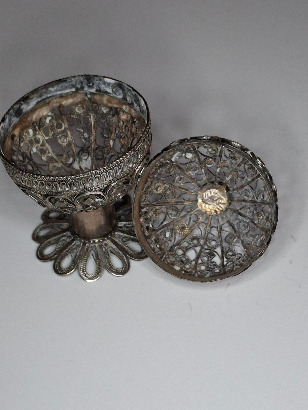 Antique Filigree Silver Besamim Spice Box with Turquoise Stone - 19th Century Judaica