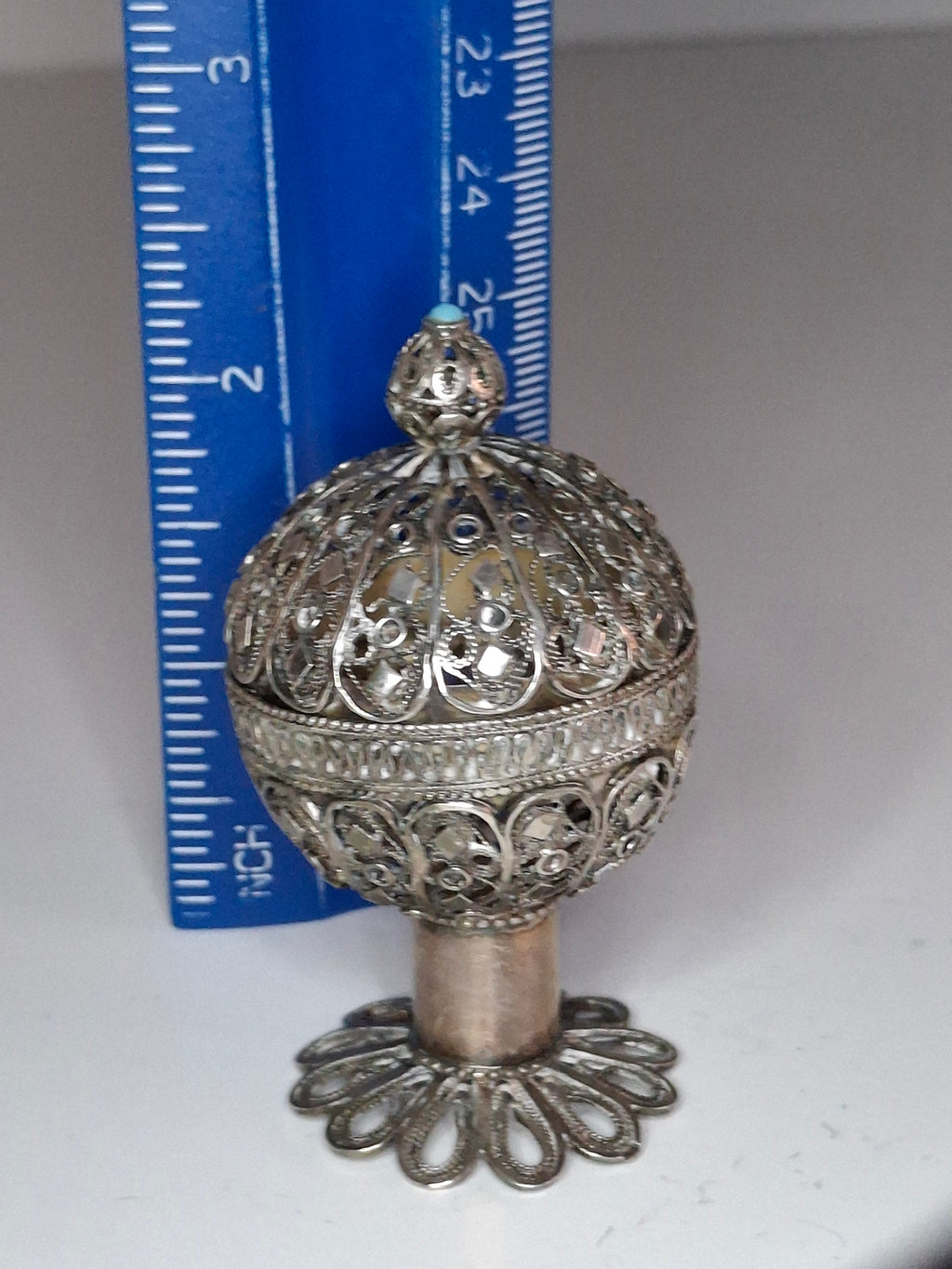 Antique Filigree Silver Besamim Spice Box with Turquoise Stone - 19th Century Judaica