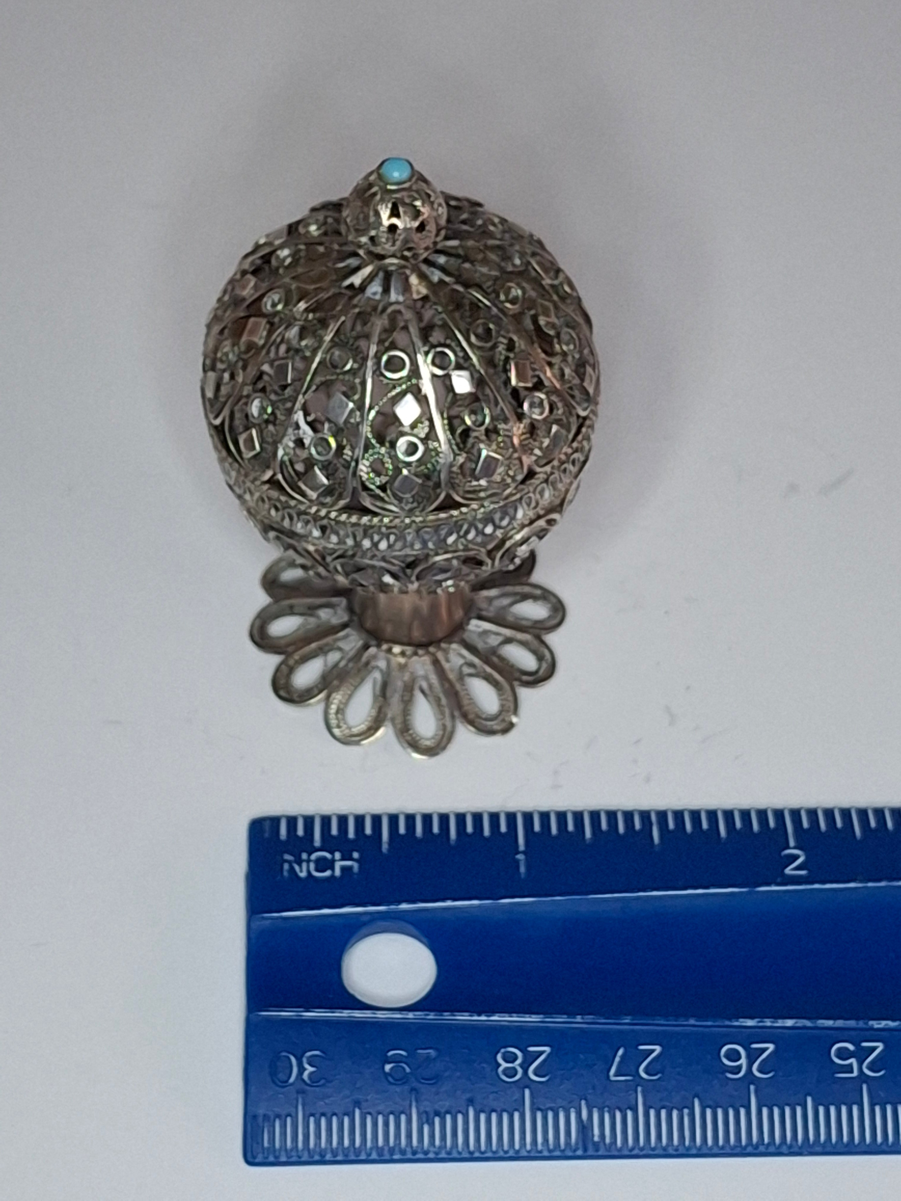 Antique Filigree Silver Besamim Spice Box with Turquoise Stone - 19th Century Judaica