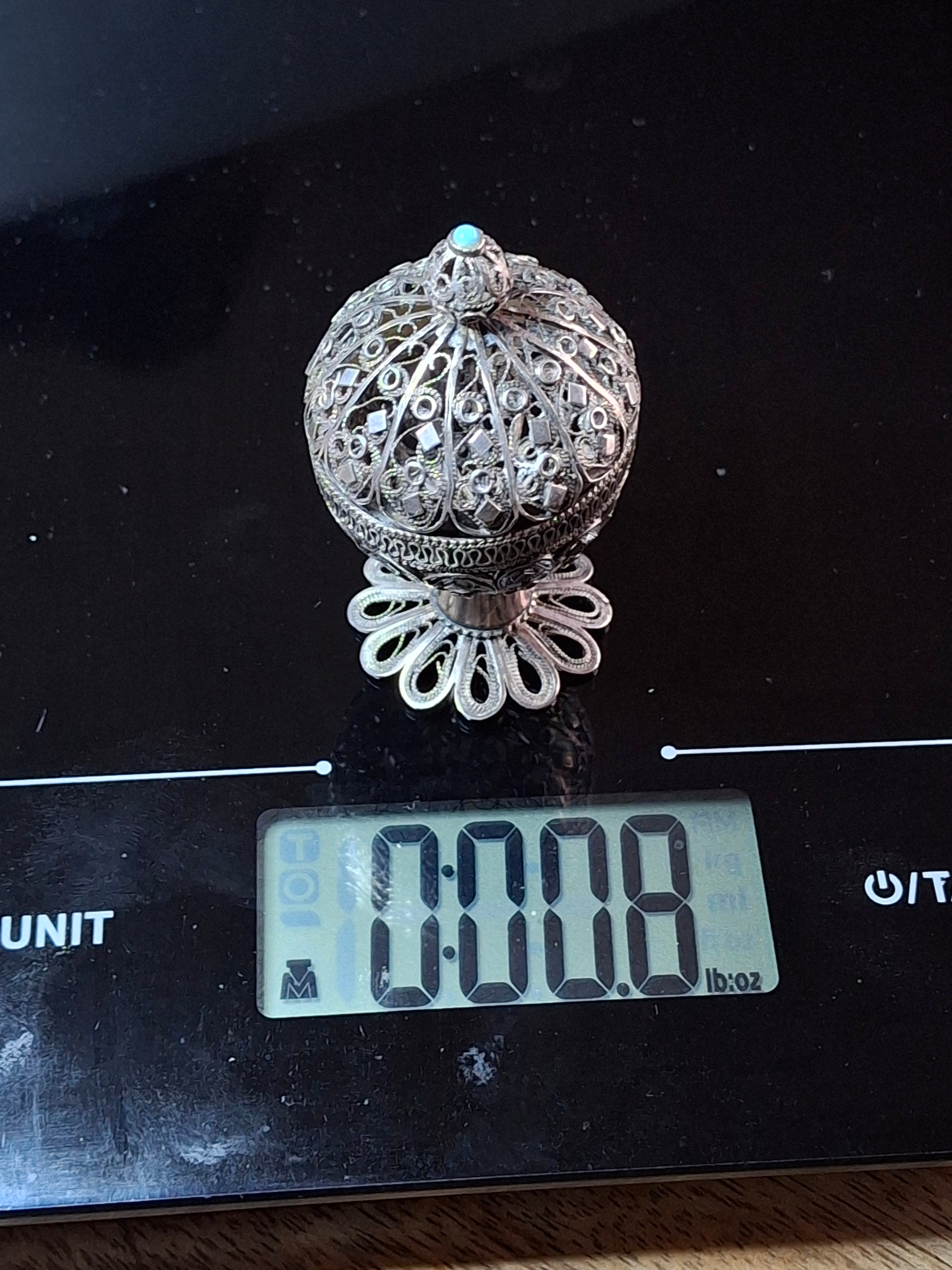 Antique Filigree Silver Besamim Spice Box with Turquoise Stone - 19th Century Judaica