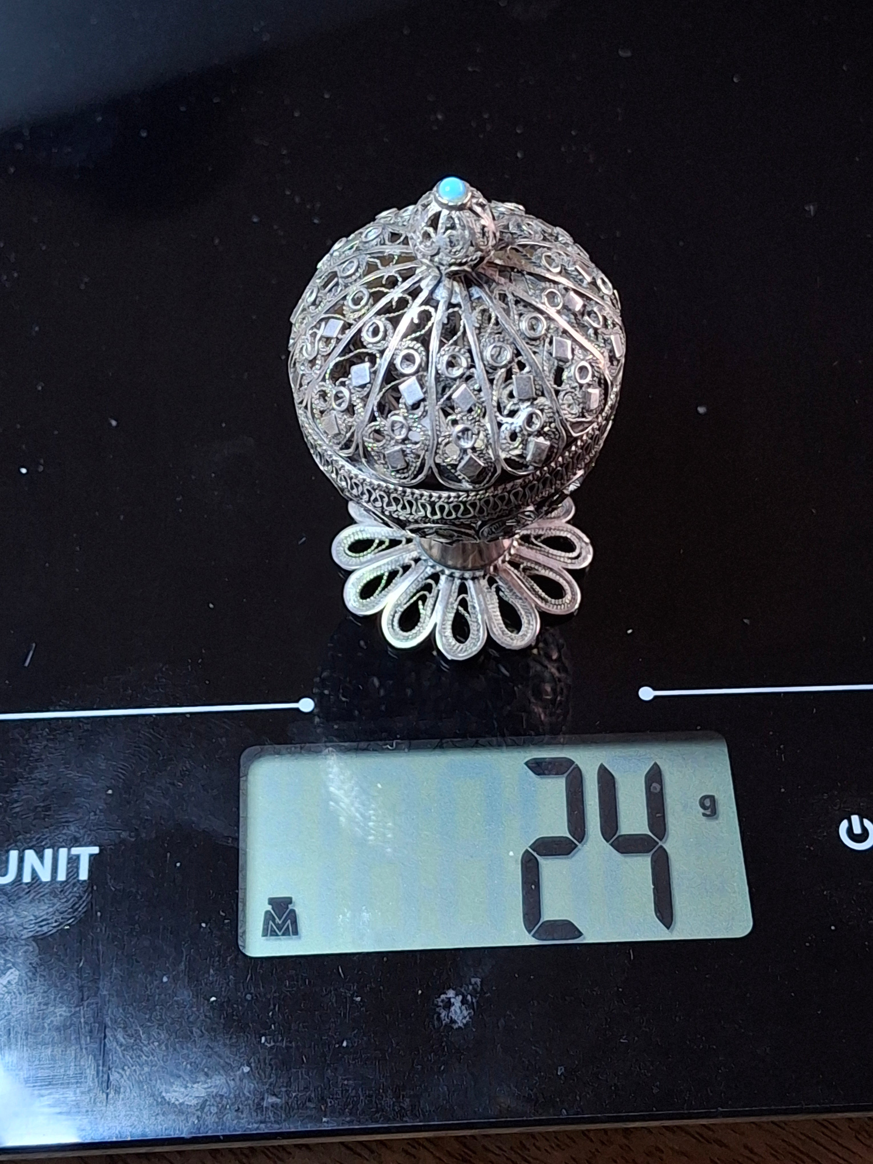 Antique Filigree Silver Besamim Spice Box with Turquoise Stone - 19th Century Judaica