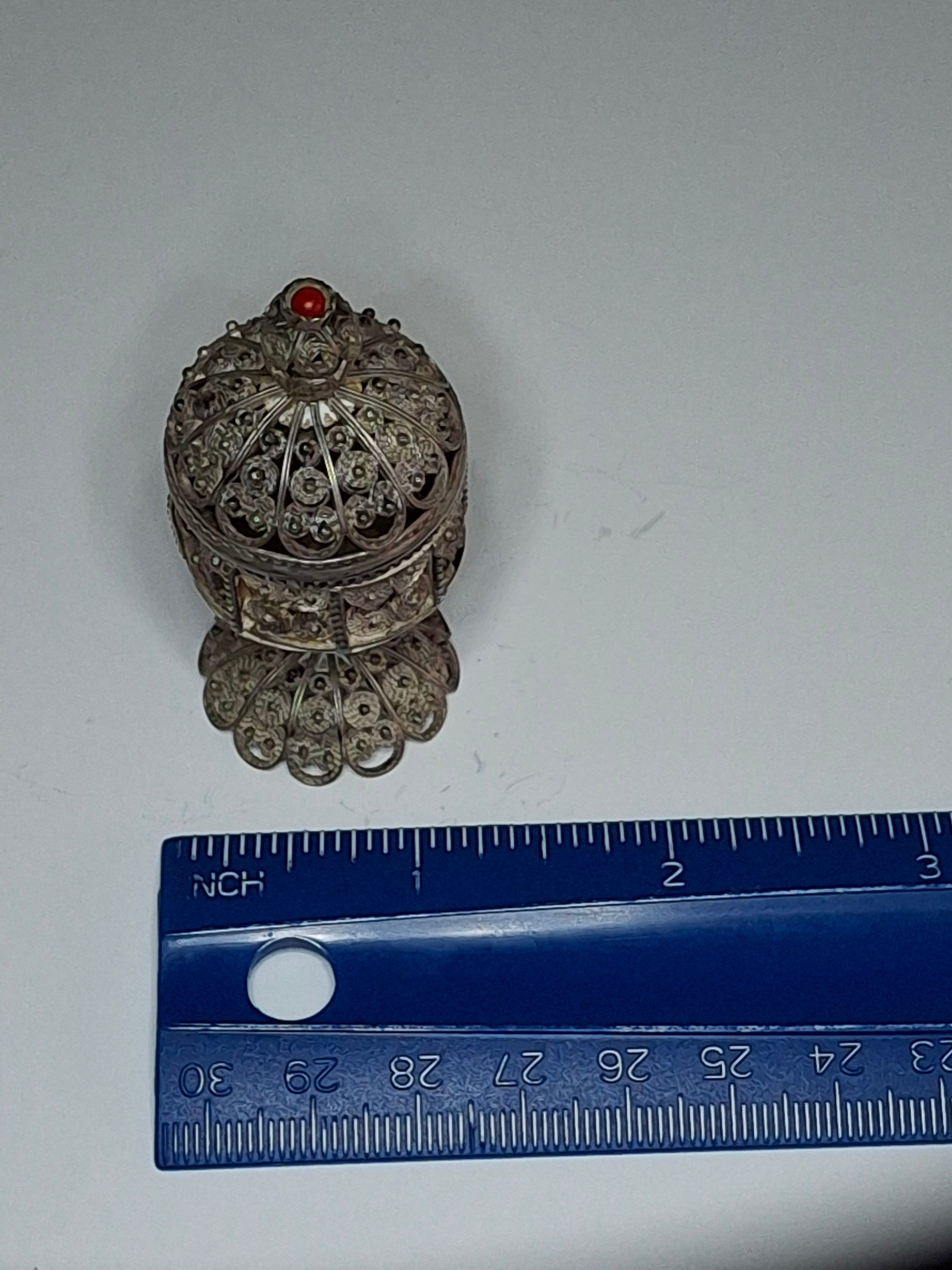 Vintage Israeli 925 Sterling Silver Filigree Besamim Spice Box - Yemenite Style with Red Coral Stone, Havdalah Judaica Artifact