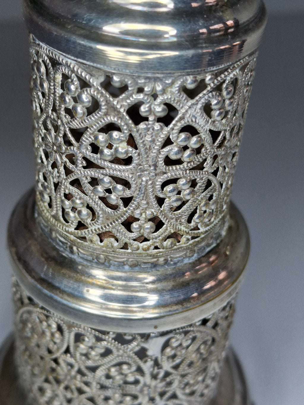 Vintage Judaica Havdalah Besamim Spice Tower - Silver Plated, Filigree, Hebrew Collectible