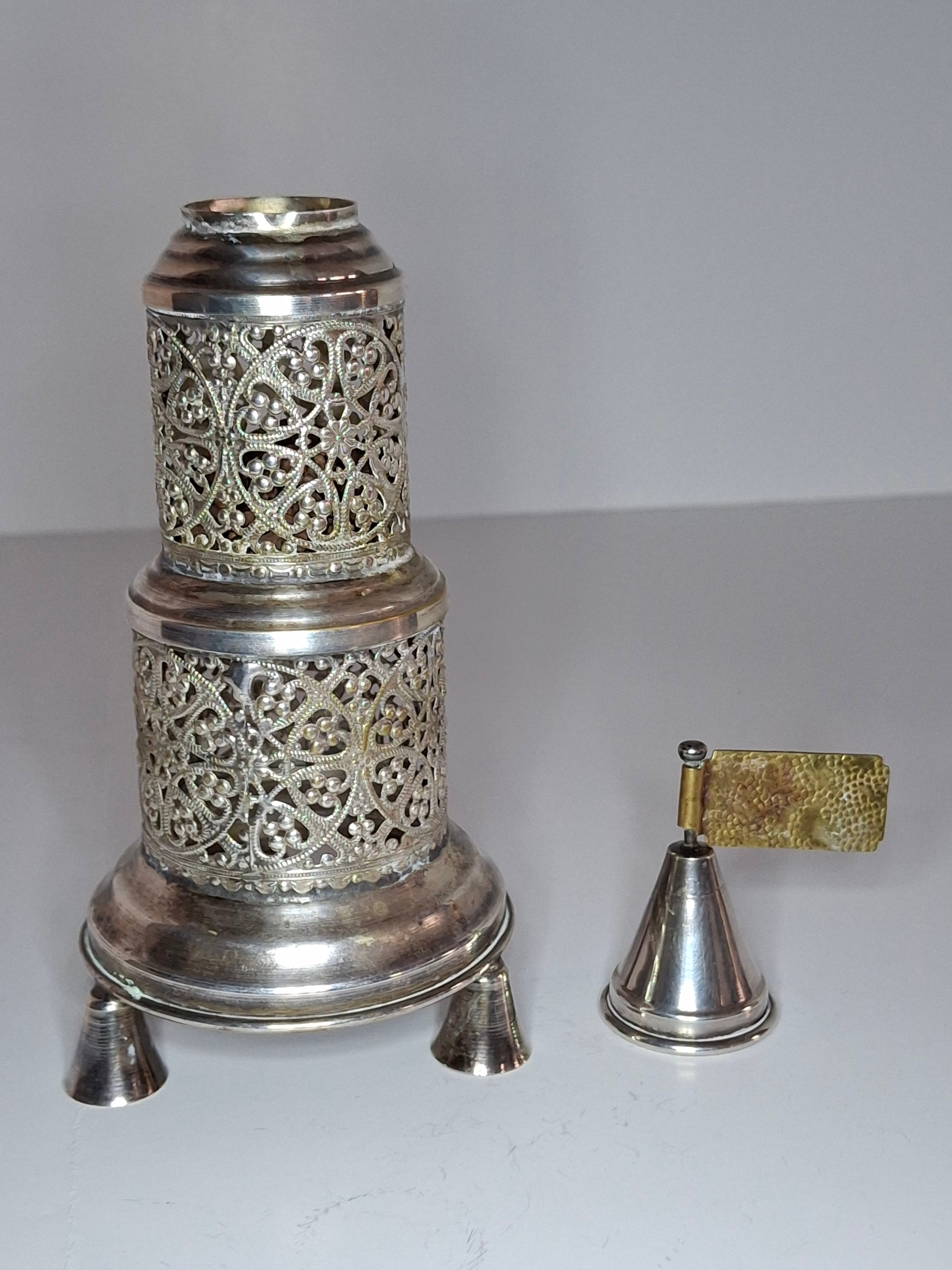 Vintage Judaica Havdalah Besamim Spice Tower - Silver Plated, Filigree, Hebrew Collectible
