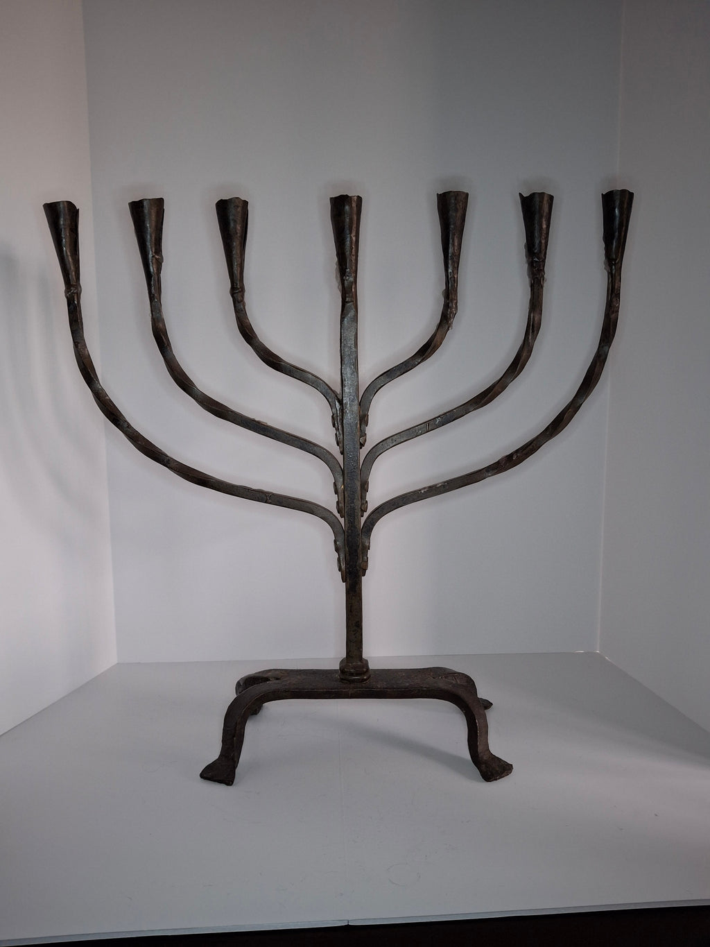 Massive Sized Rare Circa 1680 European Hand-Wrought Iron 7-Branch Temple Menorah, Primitive Cone-Shaped Holders, Antique Judaica Candelabra