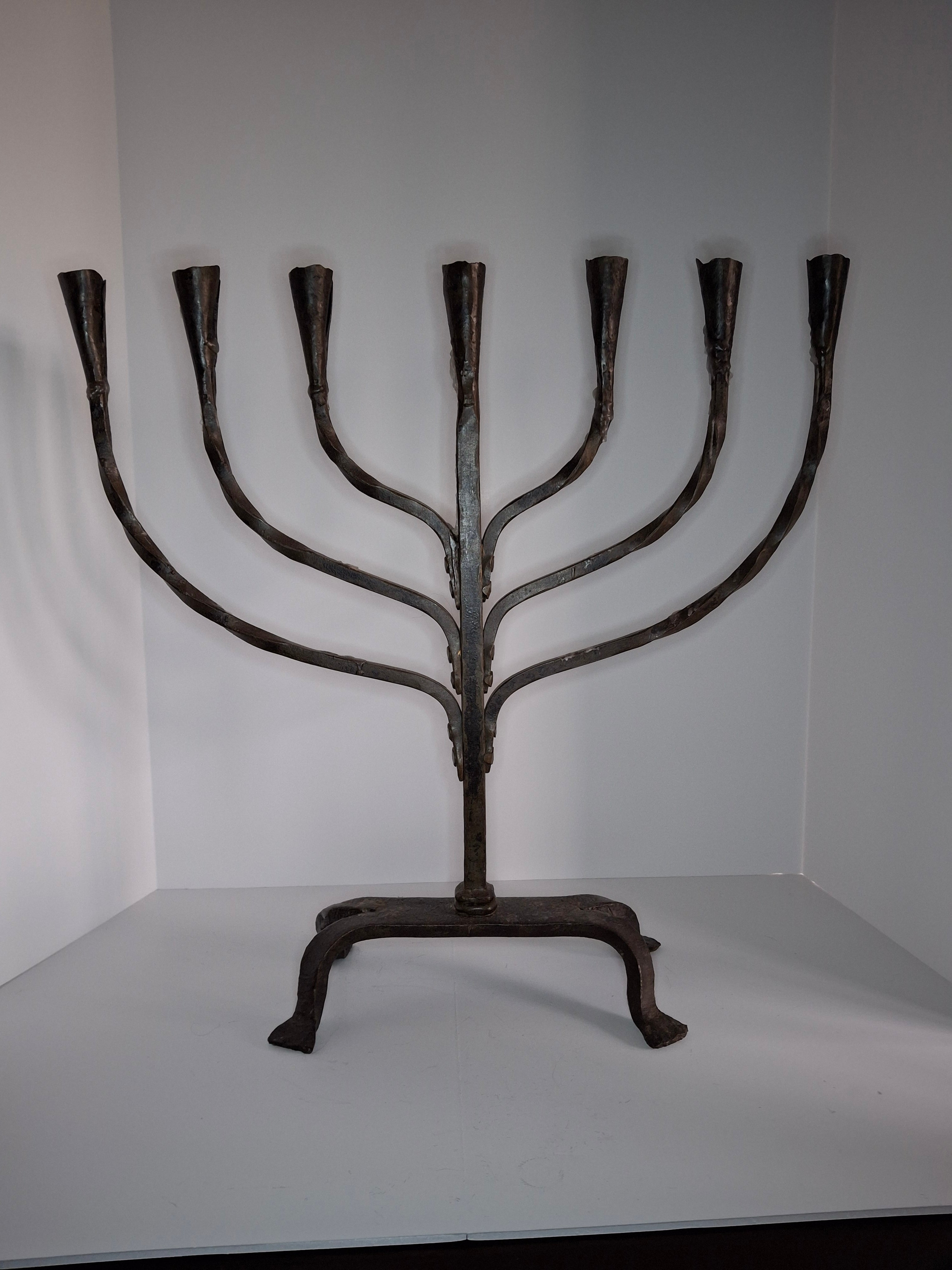 Massive Sized Rare Circa 1680 European Hand-Wrought Iron 7-Branch Temple Menorah, Primitive Cone-Shaped Holders, Antique Judaica Candelabra