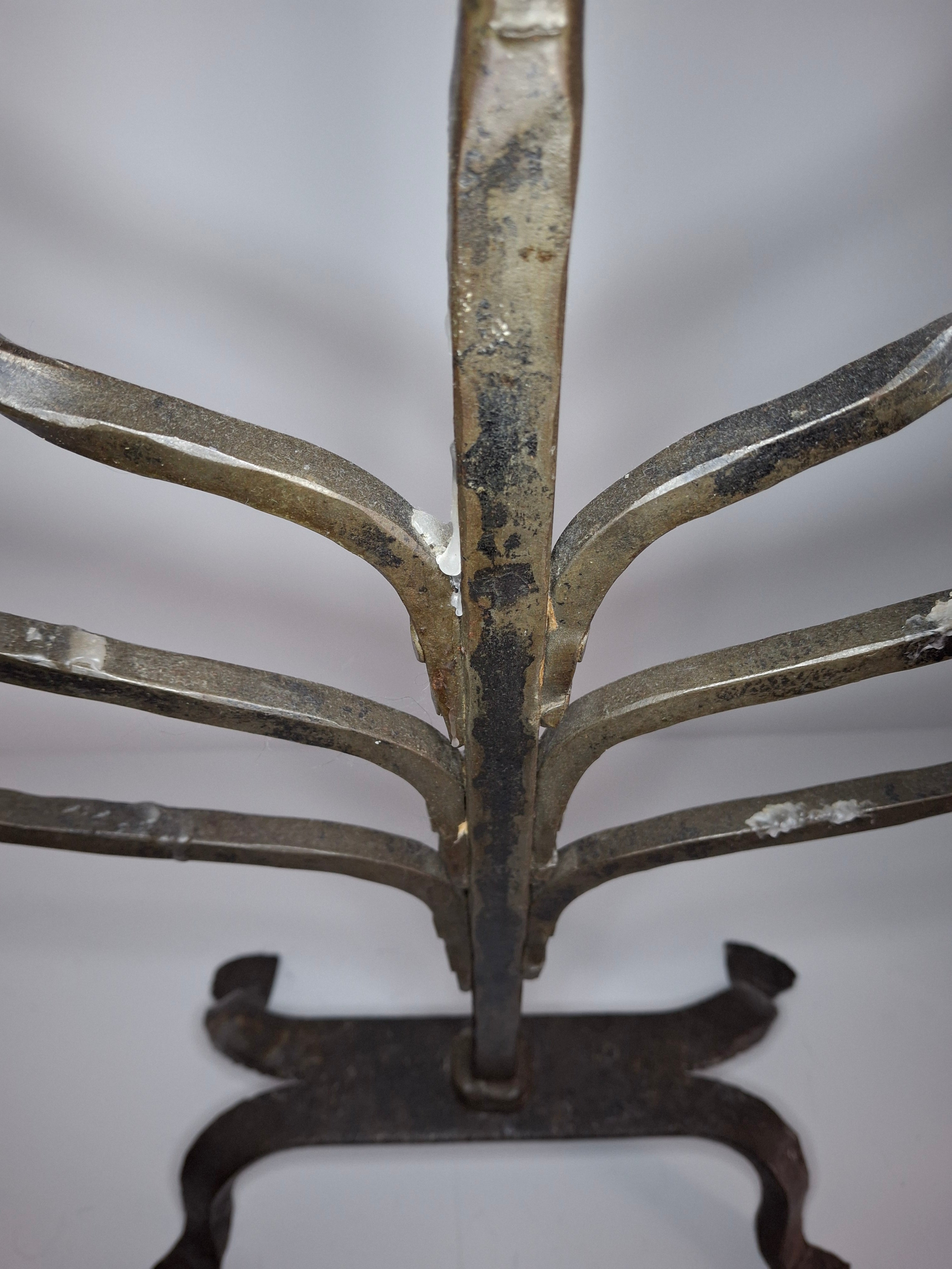 Massive Sized Rare Circa 1680 European Hand-Wrought Iron 7-Branch Temple Menorah, Primitive Cone-Shaped Holders, Antique Judaica Candelabra