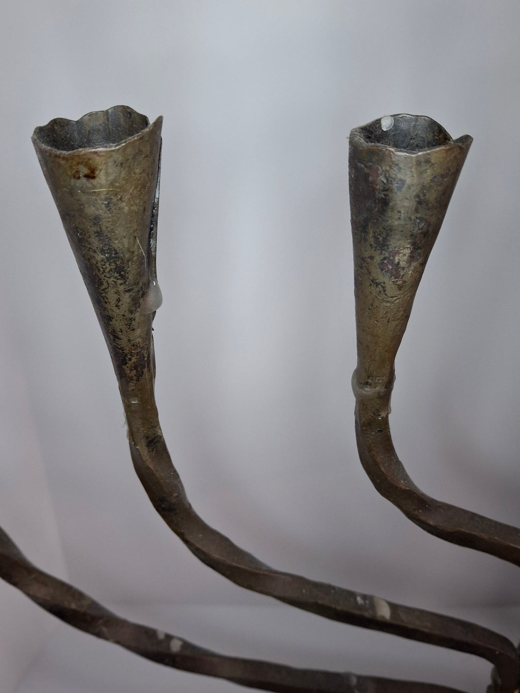 Massive Sized Rare Circa 1680 European Hand-Wrought Iron 7-Branch Temple Menorah, Primitive Cone-Shaped Holders, Antique Judaica Candelabra