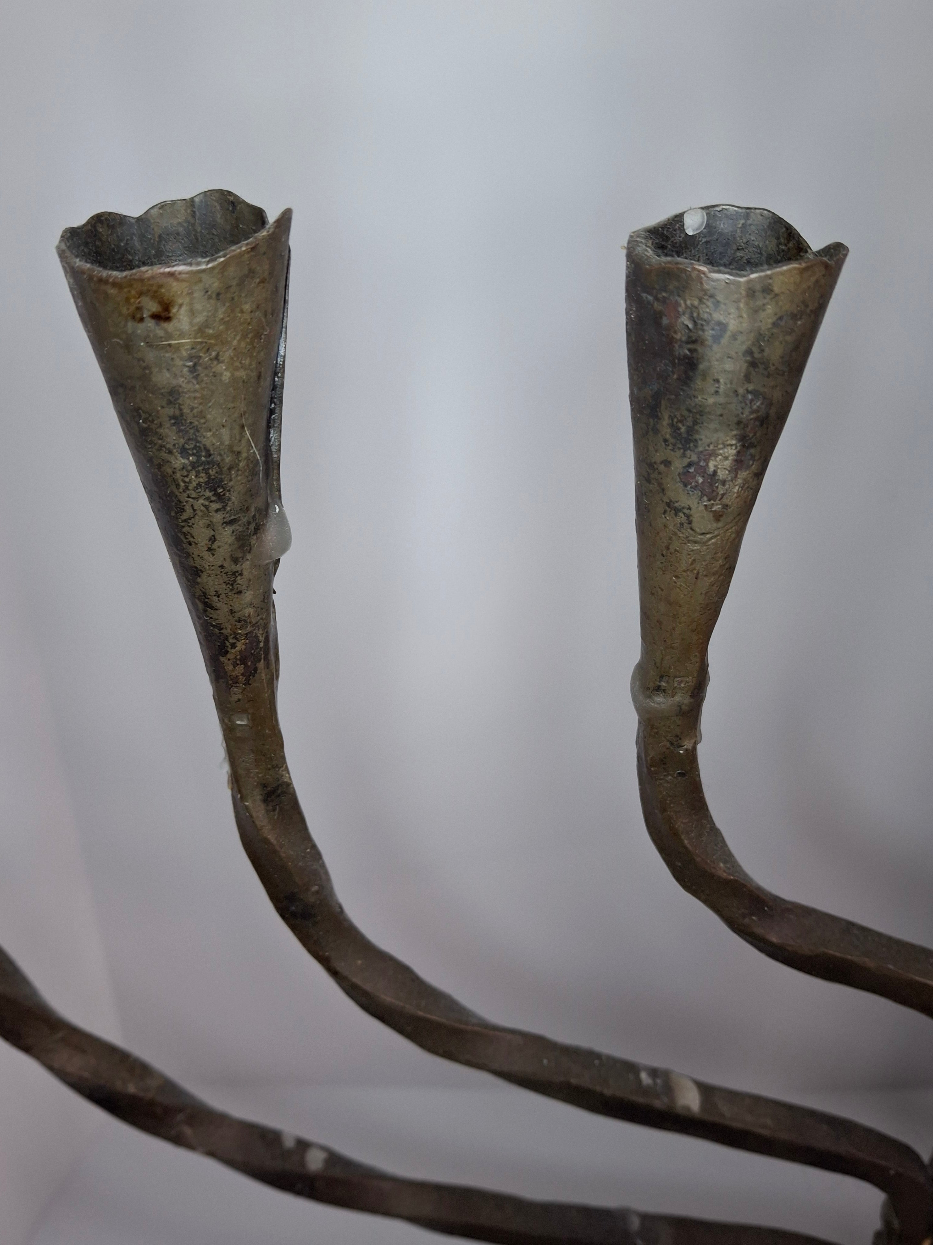 Massive Sized Rare Circa 1680 European Hand-Wrought Iron 7-Branch Temple Menorah, Primitive Cone-Shaped Holders, Antique Judaica Candelabra