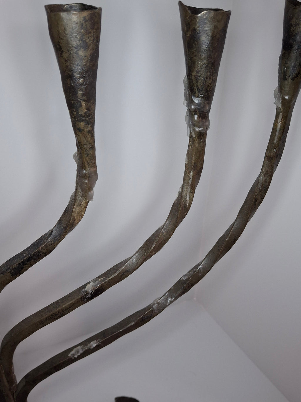 Massive Sized Rare Circa 1680 European Hand-Wrought Iron 7-Branch Temple Menorah, Primitive Cone-Shaped Holders, Antique Judaica Candelabra