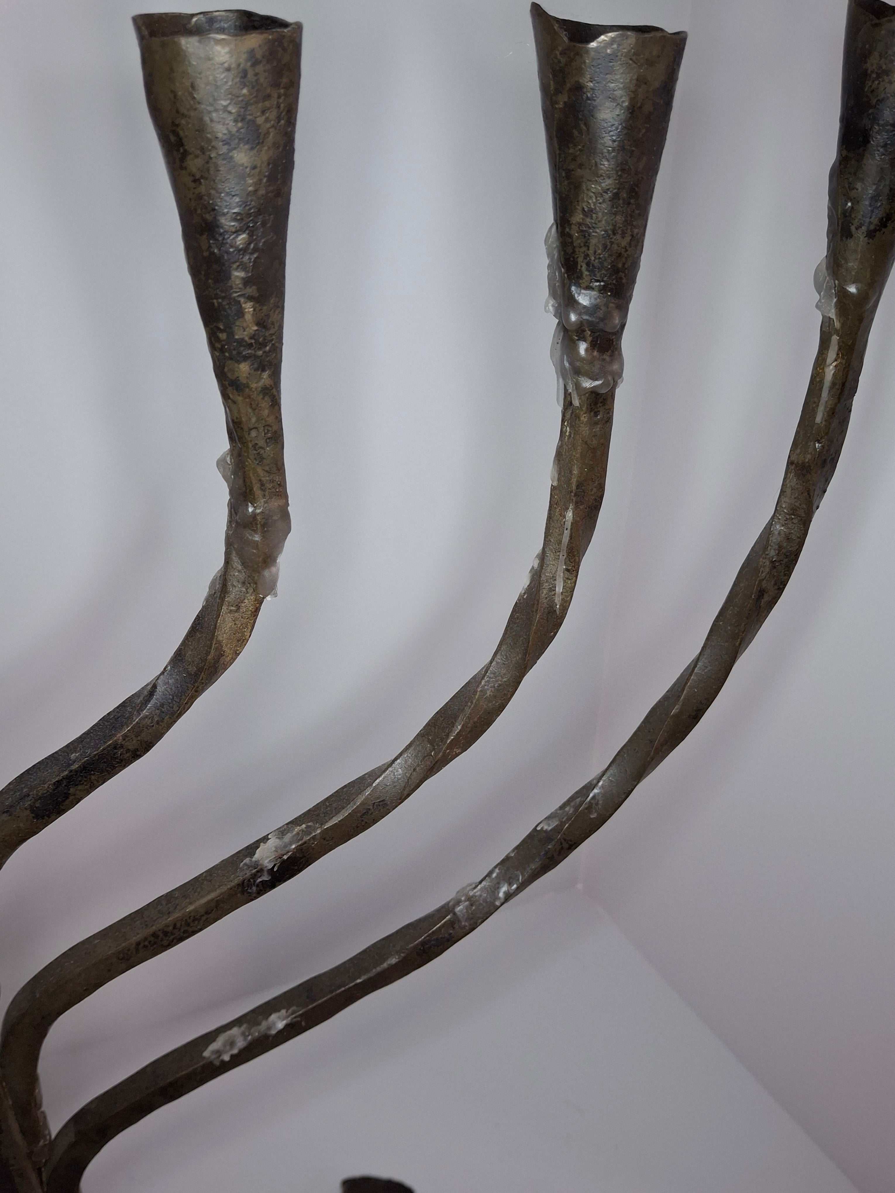 Massive Sized Rare Circa 1680 European Hand-Wrought Iron 7-Branch Temple Menorah, Primitive Cone-Shaped Holders, Antique Judaica Candelabra