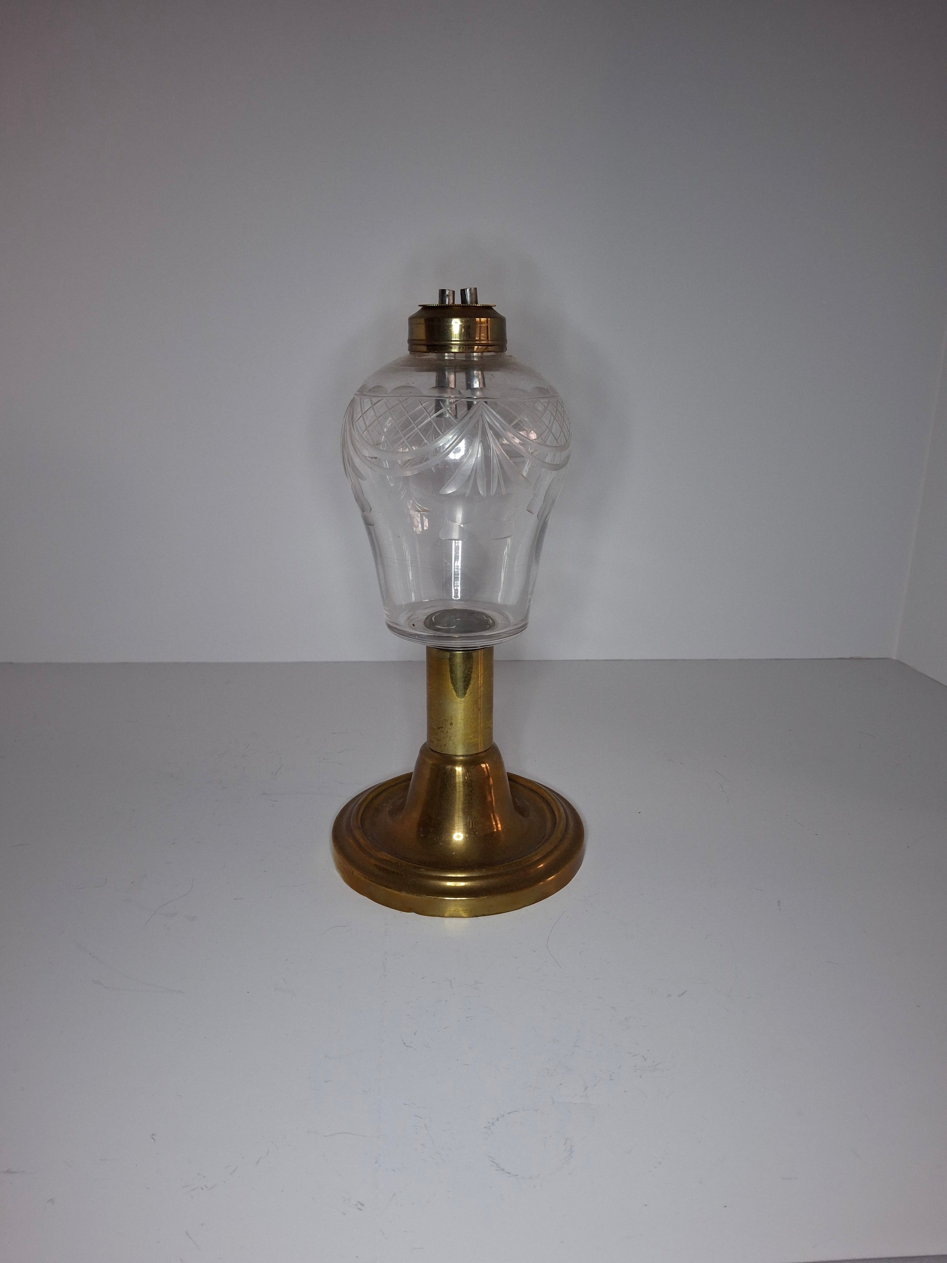 Antique Mid-19th Century Brass & Etched Glass Double Burner Whale Oil Lamp with Bronze Base - 1850s-1870s