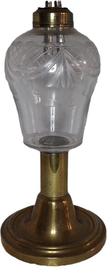 Antique Mid-19th Century Brass & Etched Glass Double Burner Whale Oil Lamp with Bronze Base - 1850s-1870s