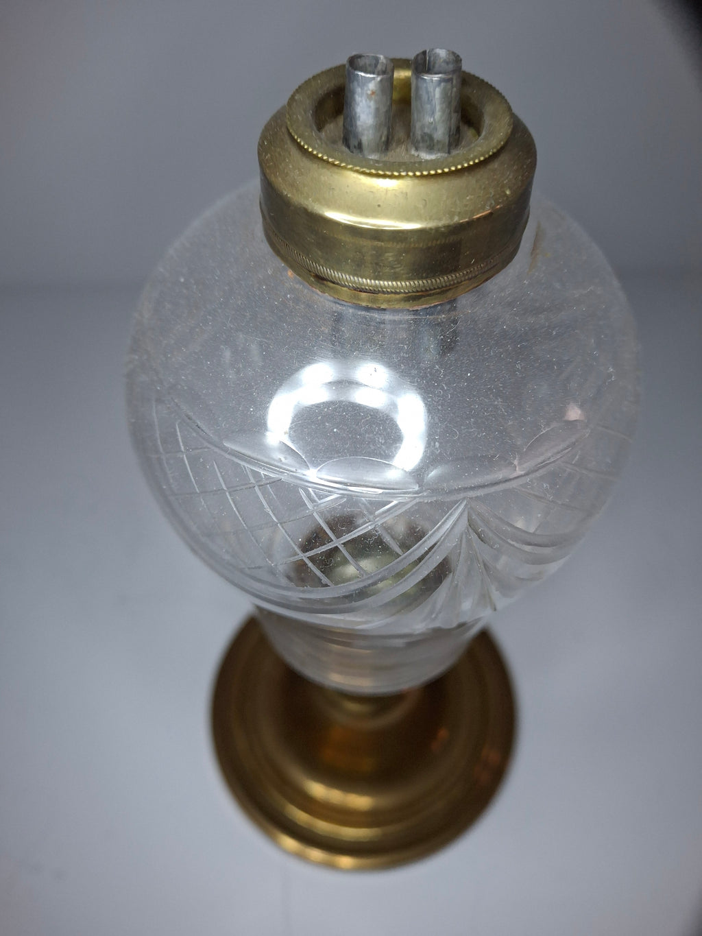 Antique Mid-19th Century Brass & Etched Glass Double Burner Whale Oil Lamp with Bronze Base - 1850s-1870s