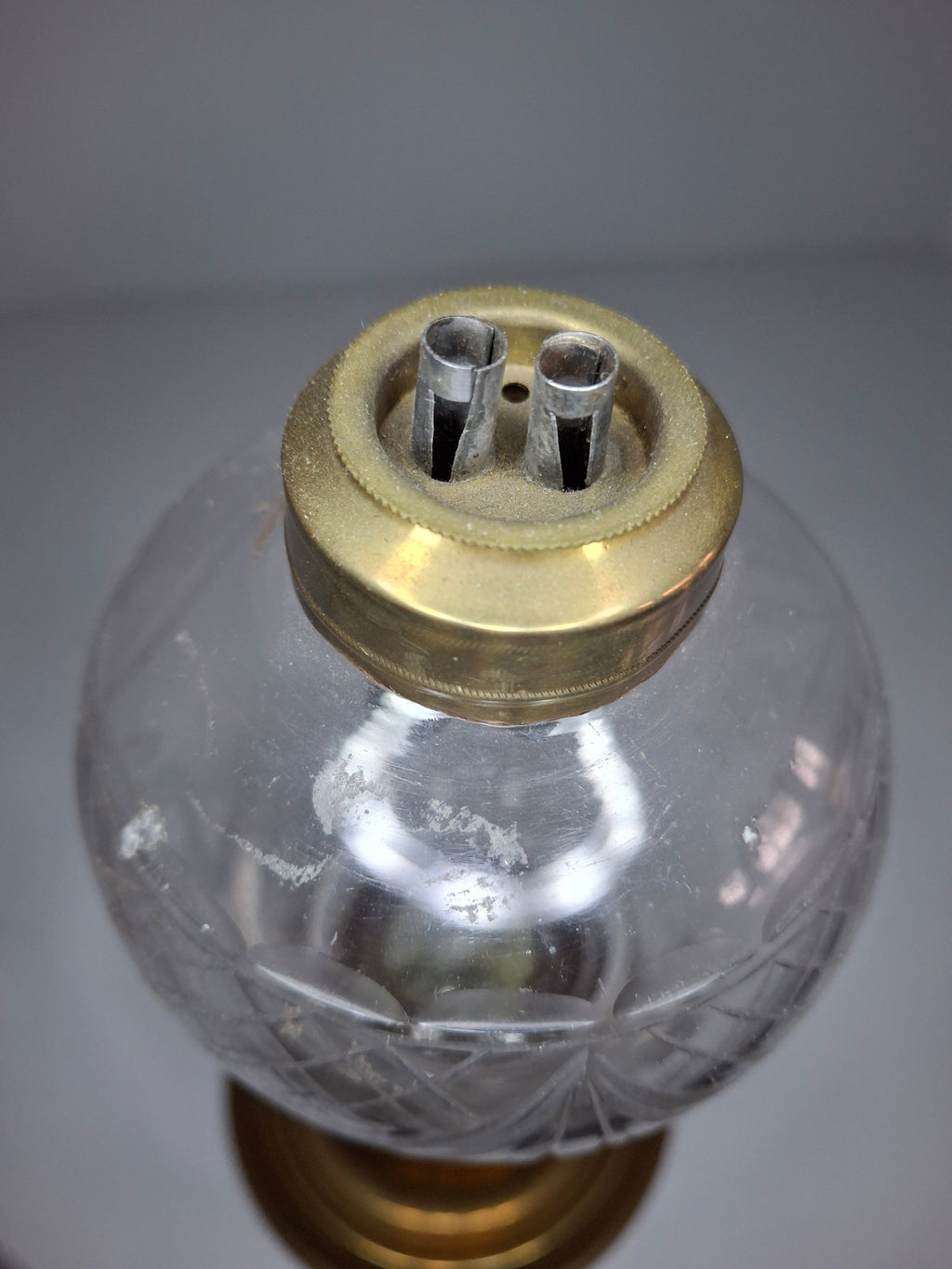 Antique Mid-19th Century Brass & Etched Glass Double Burner Whale Oil Lamp with Bronze Base - 1850s-1870s