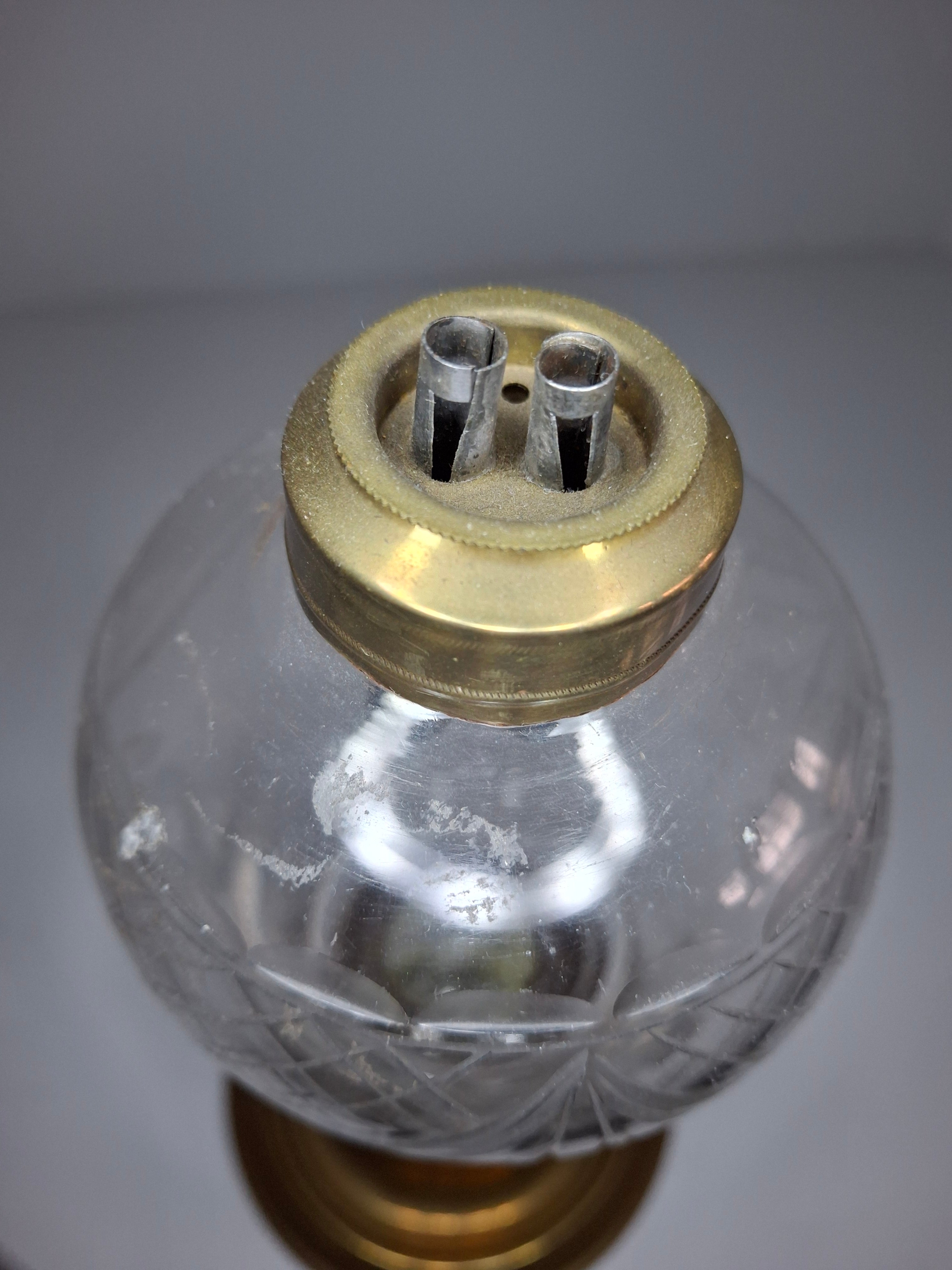 Antique Mid-19th Century Brass & Etched Glass Double Burner Whale Oil Lamp with Bronze Base - 1850s-1870s