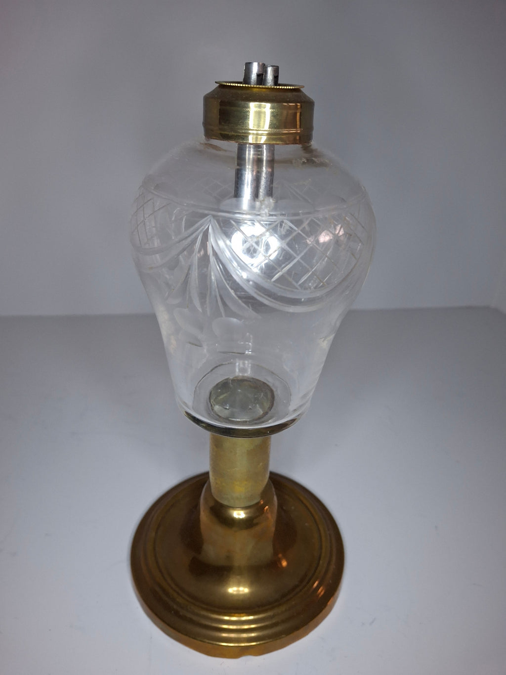 Antique Mid-19th Century Brass & Etched Glass Double Burner Whale Oil Lamp with Bronze Base - 1850s-1870s