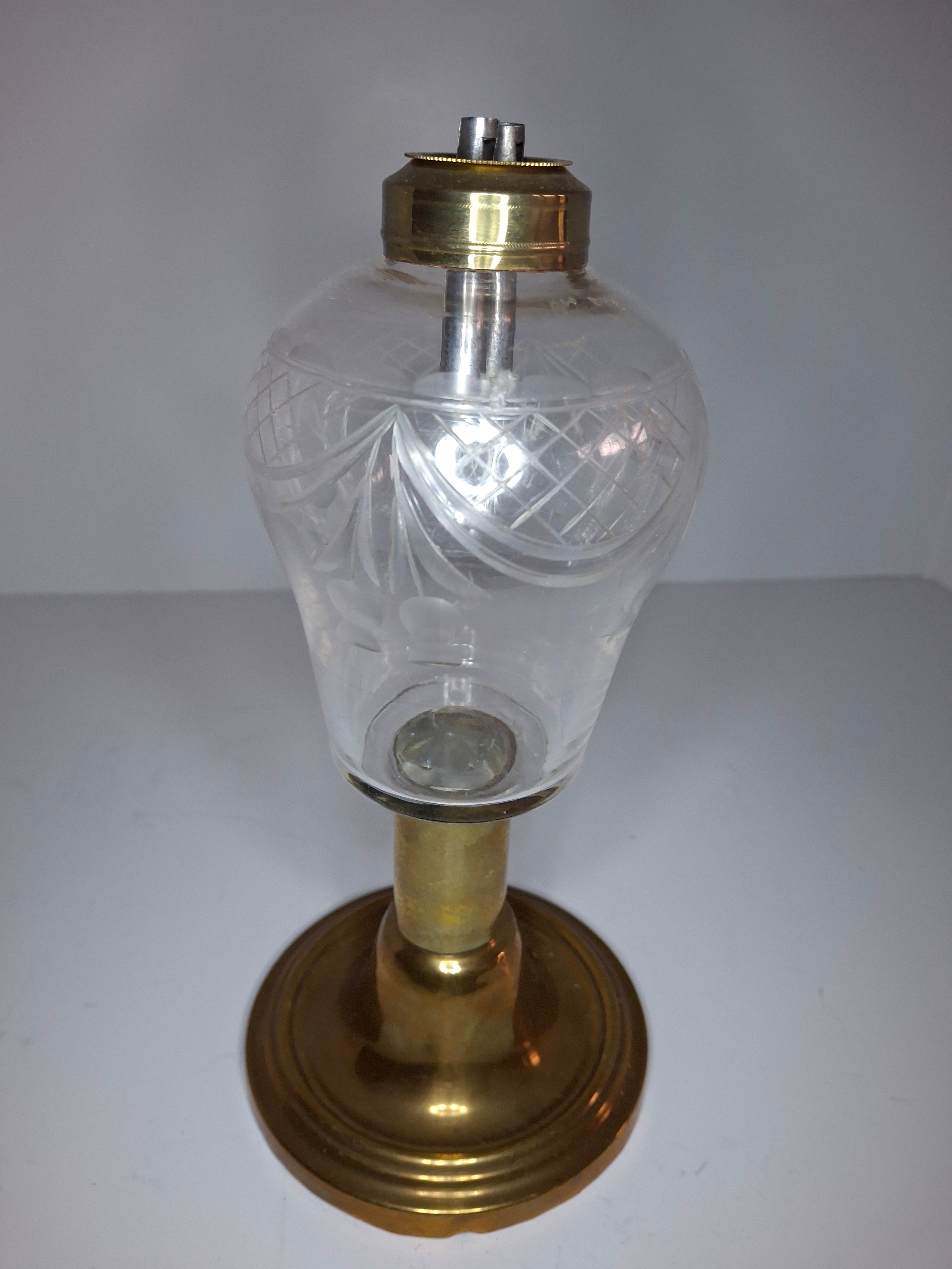 Antique Mid-19th Century Brass & Etched Glass Double Burner Whale Oil Lamp with Bronze Base - 1850s-1870s