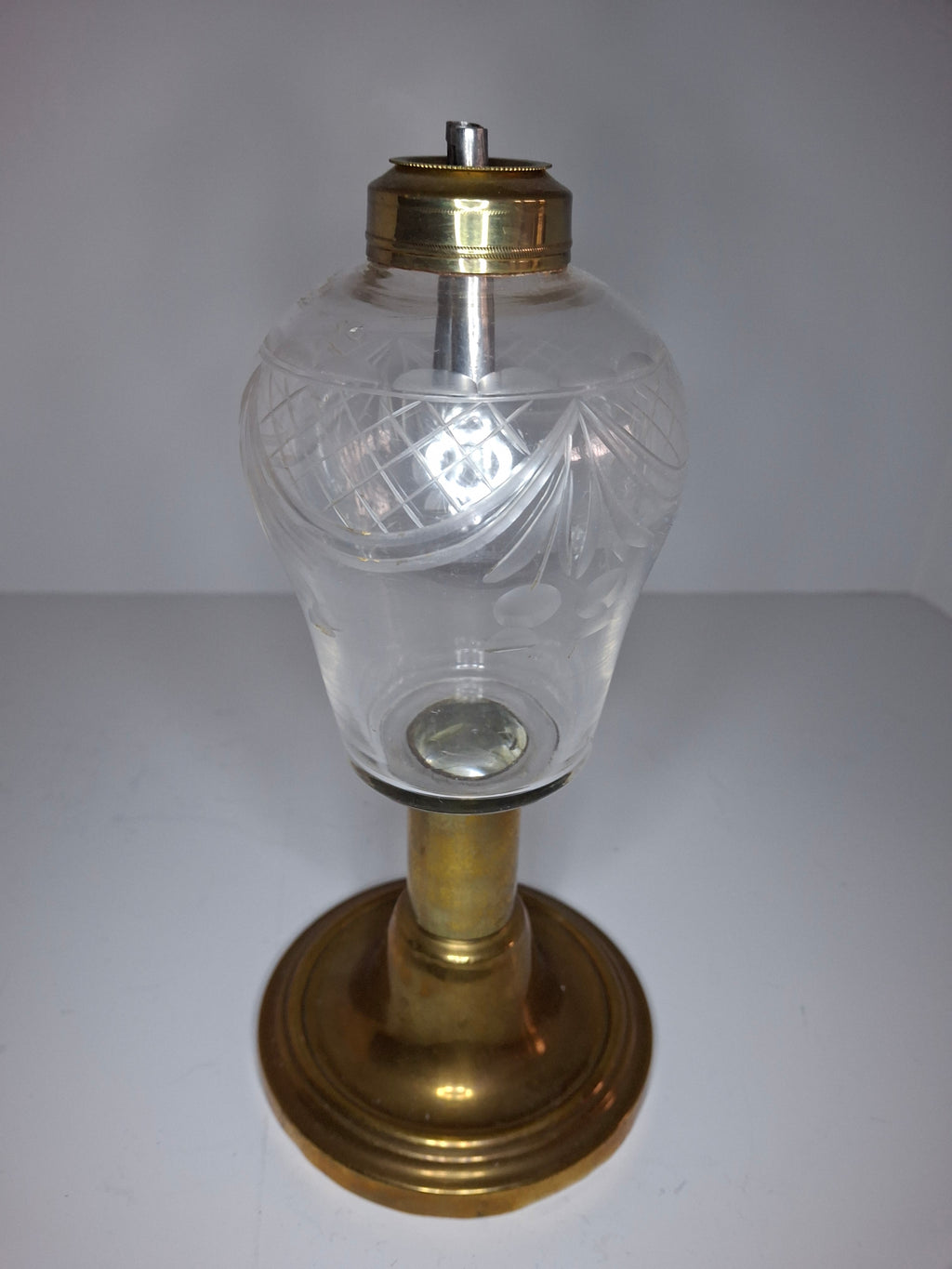 Antique Mid-19th Century Brass & Etched Glass Double Burner Whale Oil Lamp with Bronze Base - 1850s-1870s