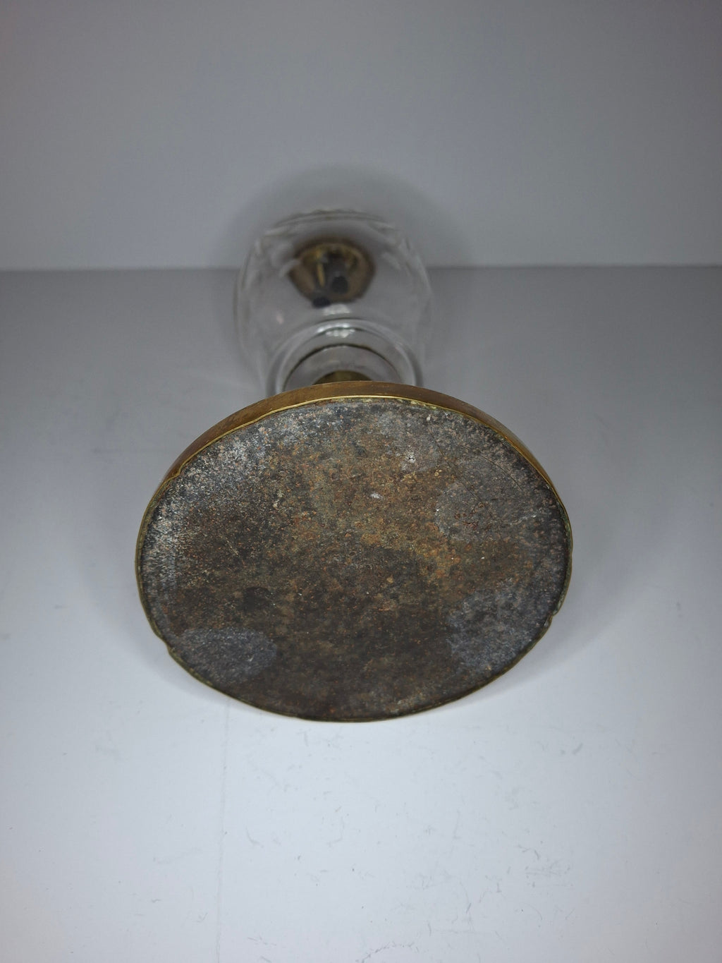 Antique Mid-19th Century Brass & Etched Glass Double Burner Whale Oil Lamp with Bronze Base - 1850s-1870s