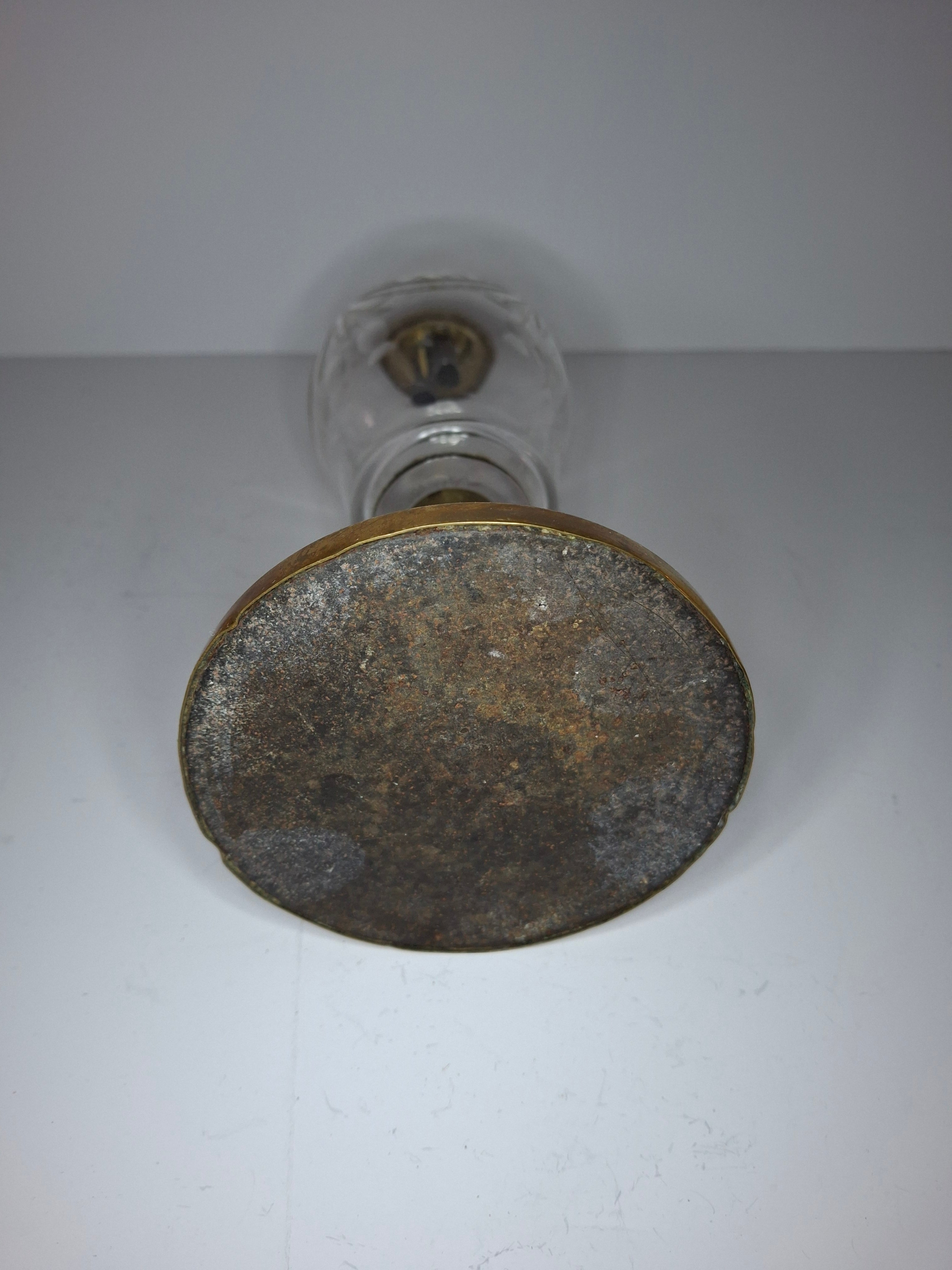 Antique Mid-19th Century Brass & Etched Glass Double Burner Whale Oil Lamp with Bronze Base - 1850s-1870s