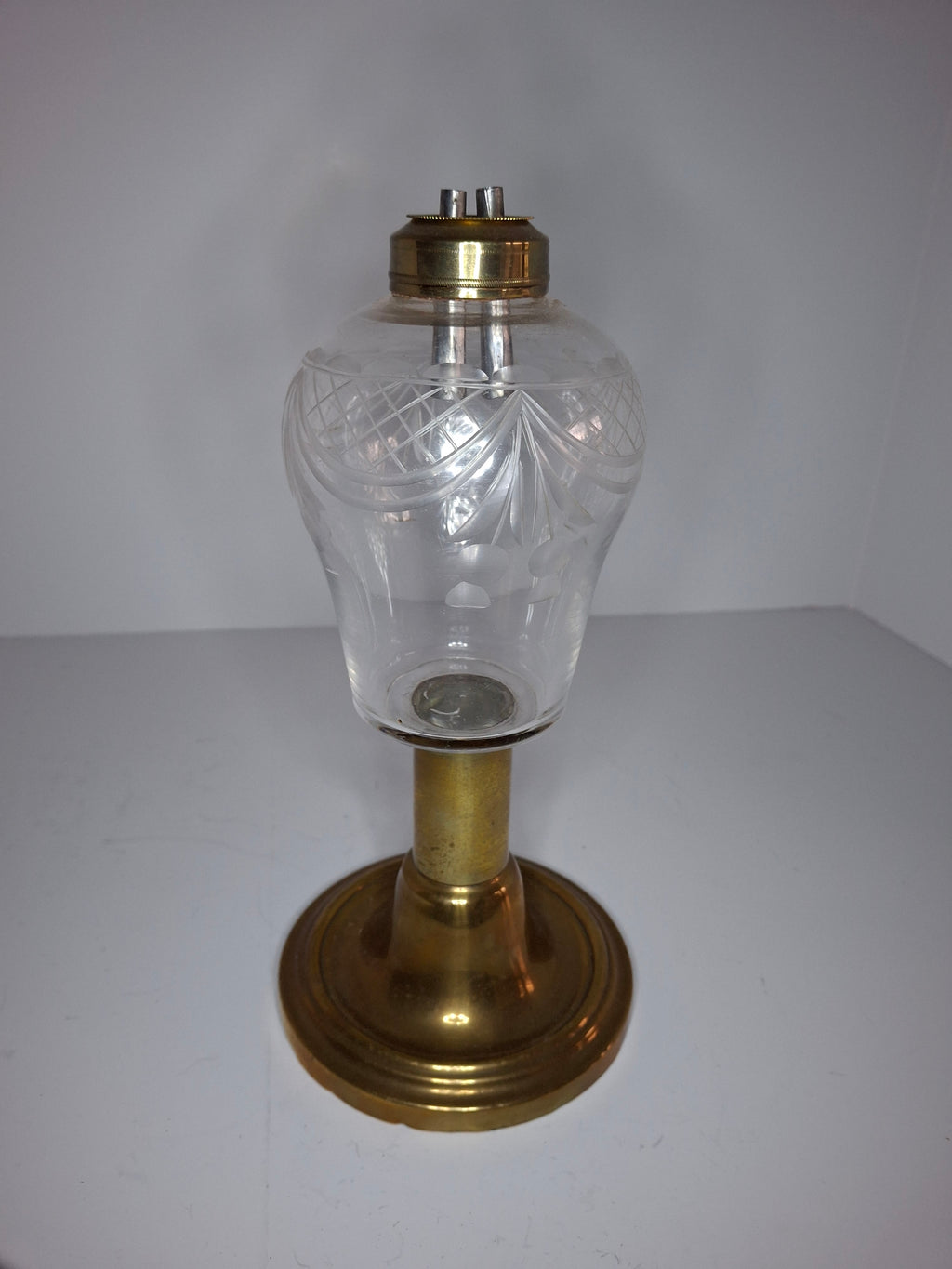 Antique Mid-19th Century Brass & Etched Glass Double Burner Whale Oil Lamp with Bronze Base - 1850s-1870s