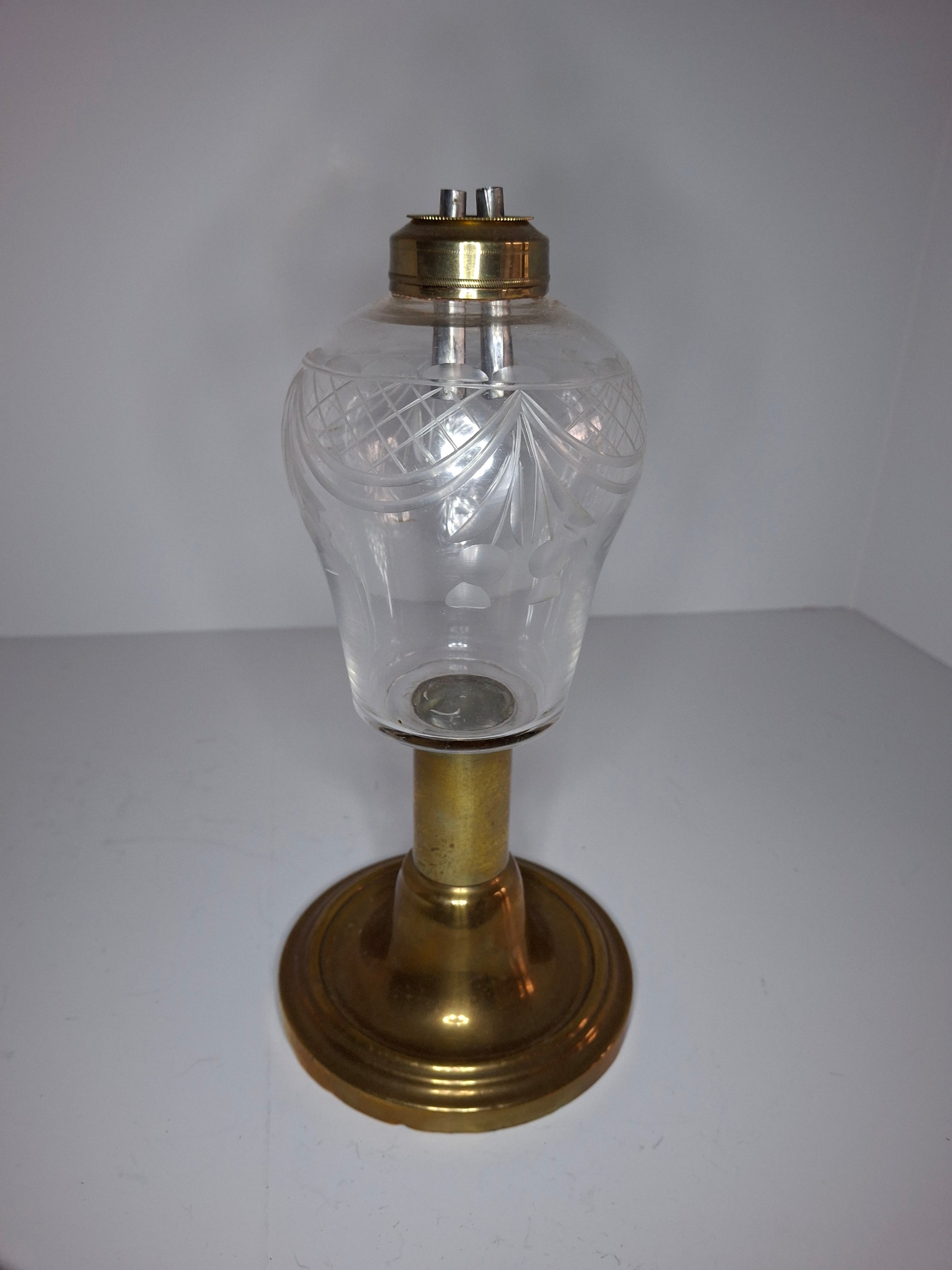 Antique Mid-19th Century Brass & Etched Glass Double Burner Whale Oil Lamp with Bronze Base - 1850s-1870s
