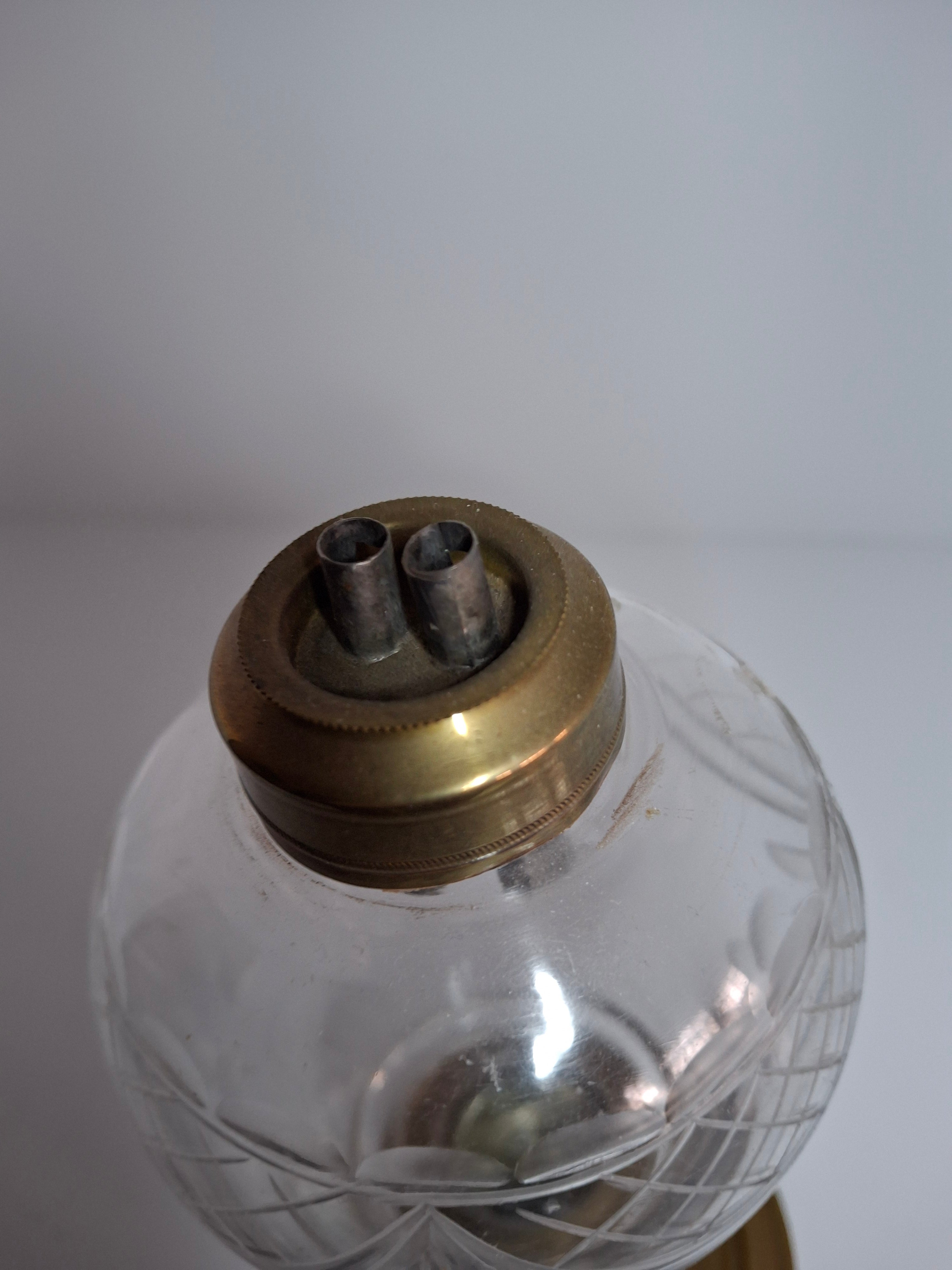 Antique Mid-19th Century Brass & Etched Glass Double Burner Whale Oil Lamp with Bronze Base - 1850s-1870s
