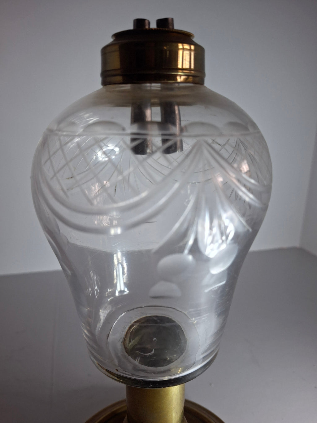 Antique Mid-19th Century Brass & Etched Glass Double Burner Whale Oil Lamp with Bronze Base - 1850s-1870s