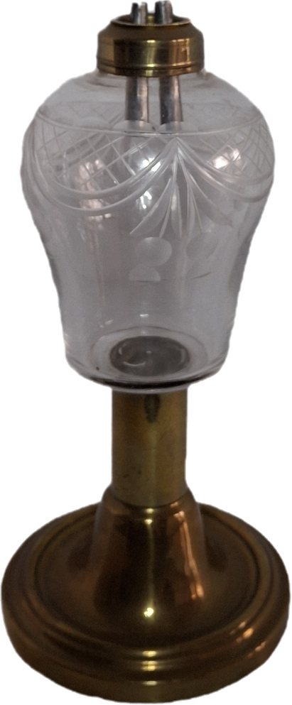 Antique Mid-19th Century Brass & Etched Glass Double Burner Whale Oil Lamp with Bronze Base - 1850s-1870s