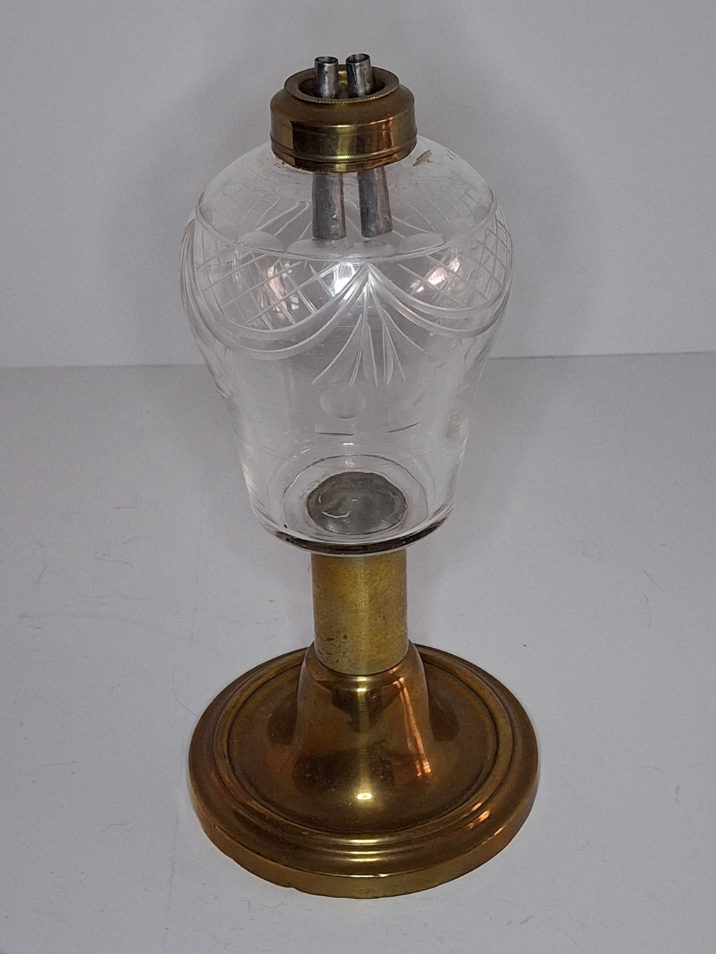 Antique Mid-19th Century Brass & Etched Glass Double Burner Whale Oil Lamp with Bronze Base - 1850s-1870s