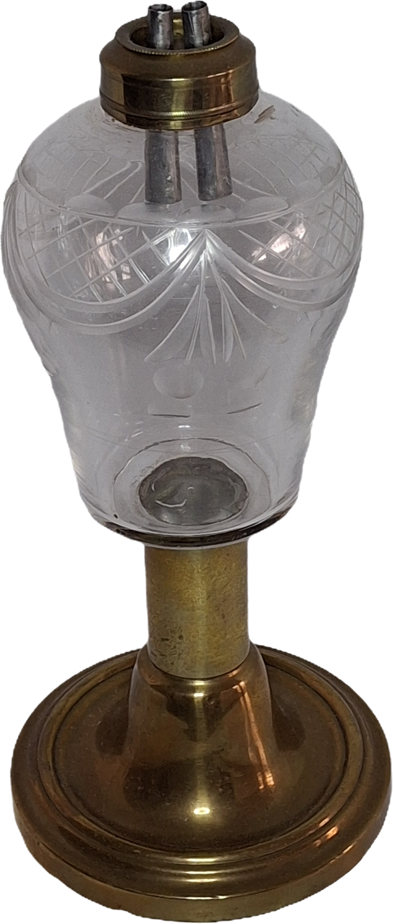 Antique Mid-19th Century Brass & Etched Glass Double Burner Whale Oil Lamp with Bronze Base - 1850s-1870s