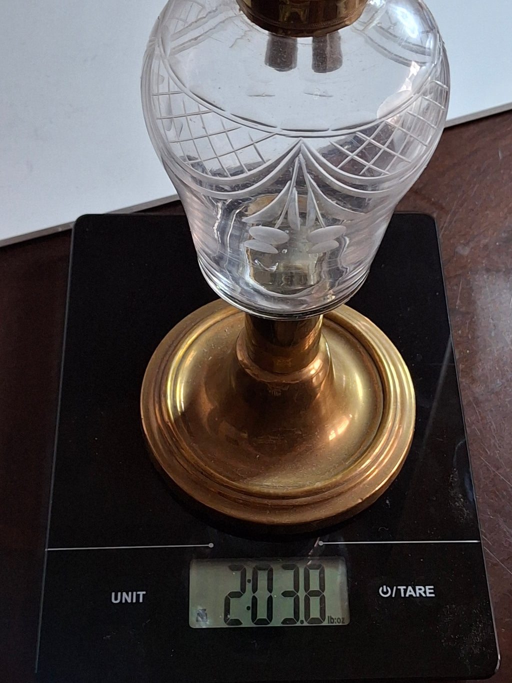 Antique Mid-19th Century Brass & Etched Glass Double Burner Whale Oil Lamp with Bronze Base - 1850s-1870s