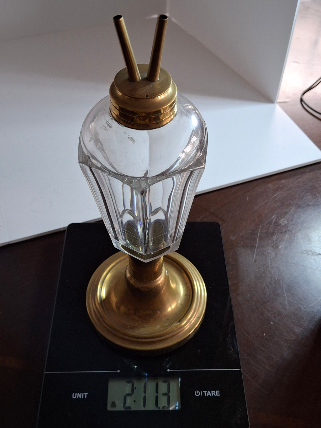 Antique Victorian Brass & Glass Duplex Oil Lamp w/ Heavy Bronze Base c.1880-1900