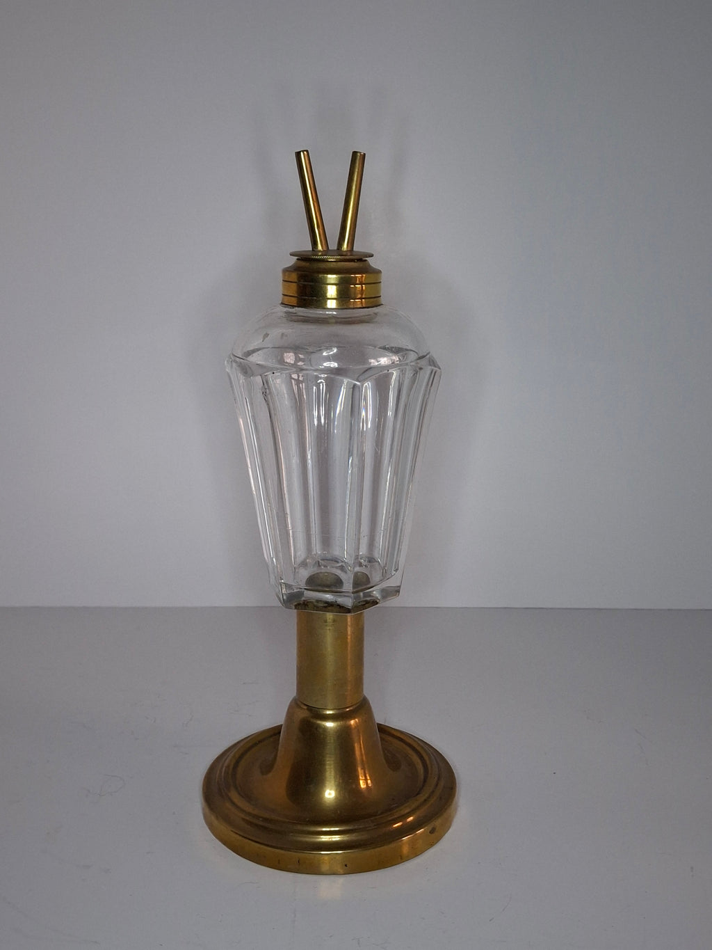 Antique Victorian Brass & Glass Duplex Oil Lamp w/ Heavy Bronze Base c.1880-1900