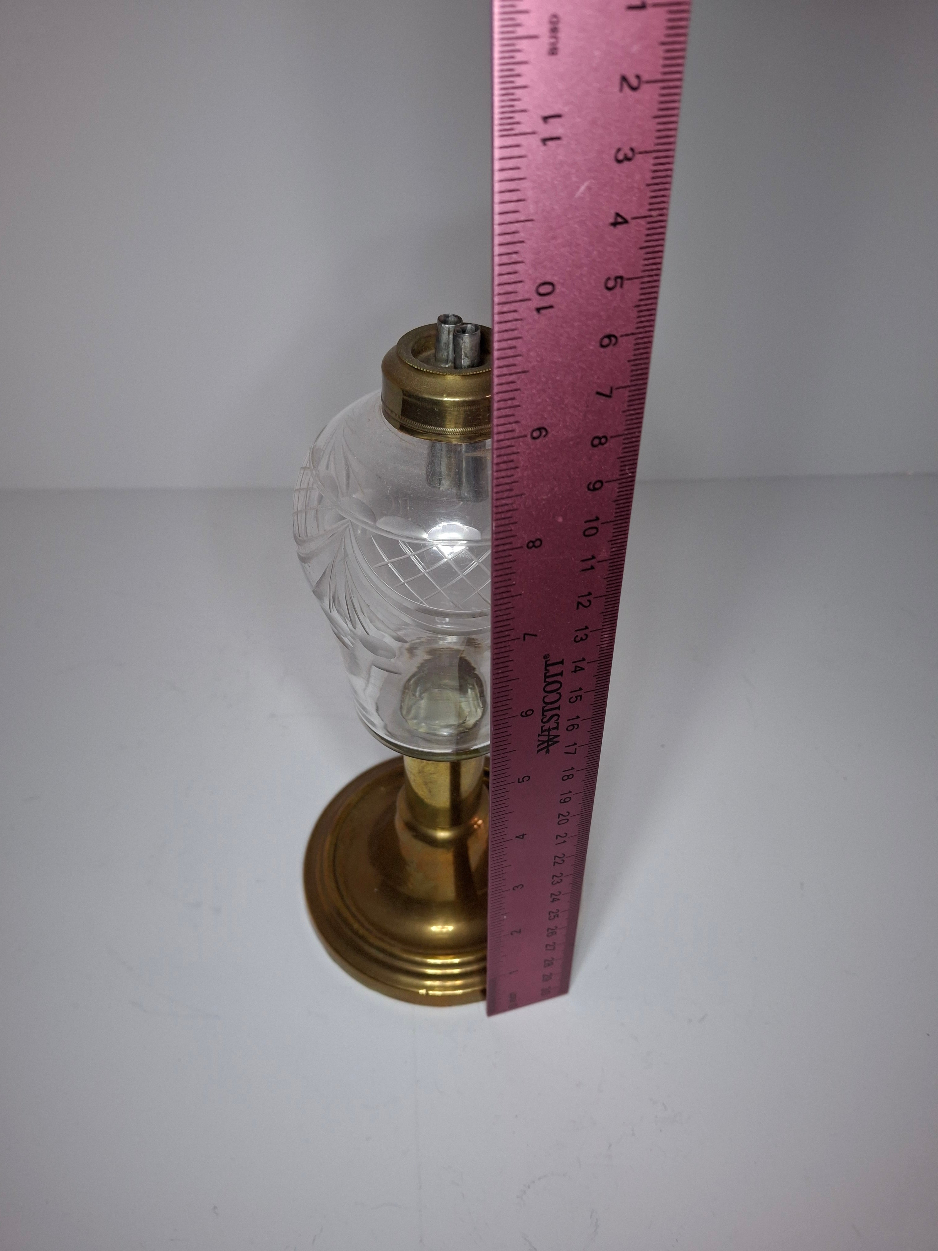 Antique Mid-19th Century Brass & Etched Glass Double Burner Whale Oil Lamp with Bronze Base - 1850s-1870s