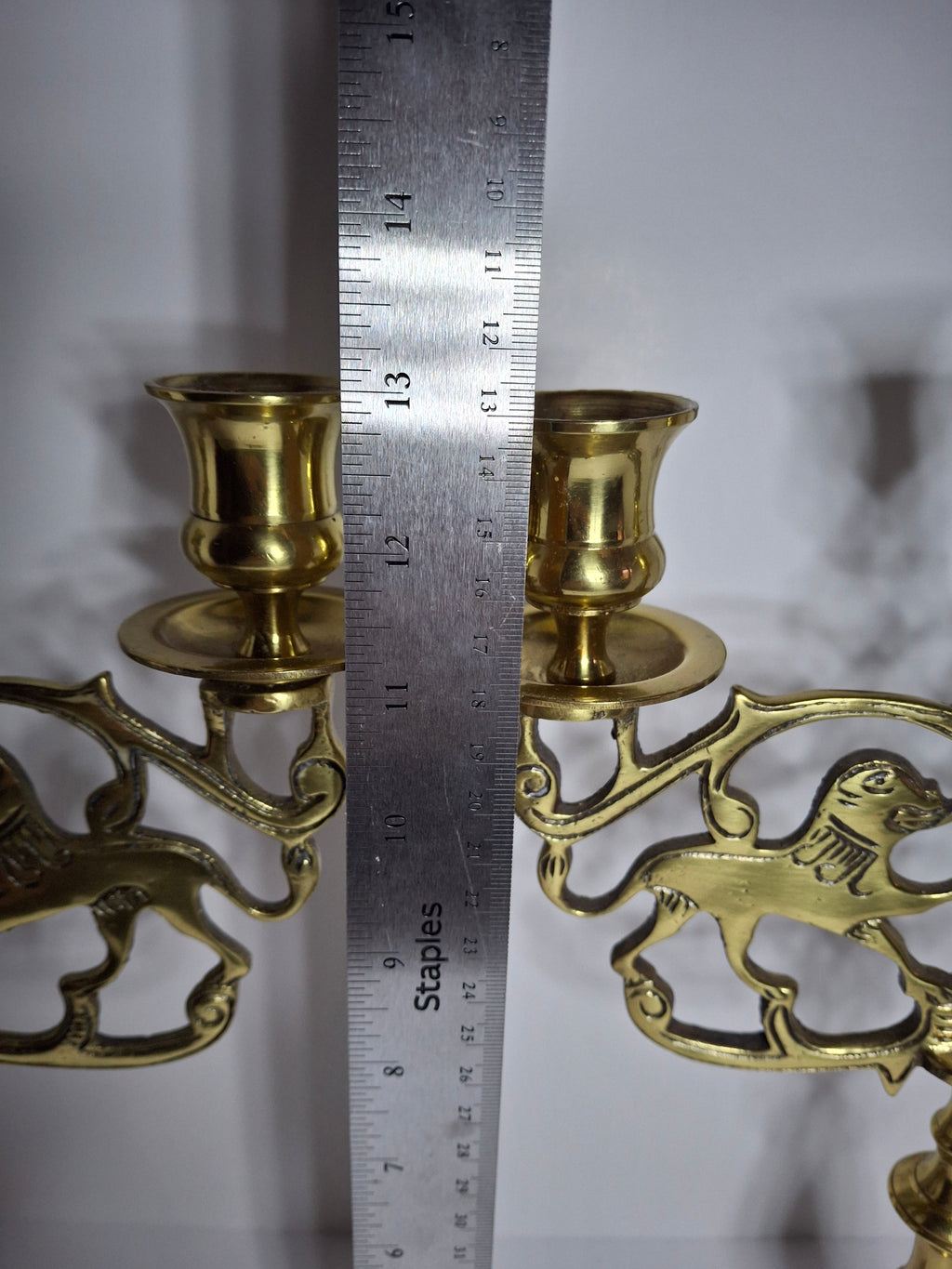 Pair of Late 19th Century Eastern European Brass 3-Arm Shabbat Candelabras Lion of Judah