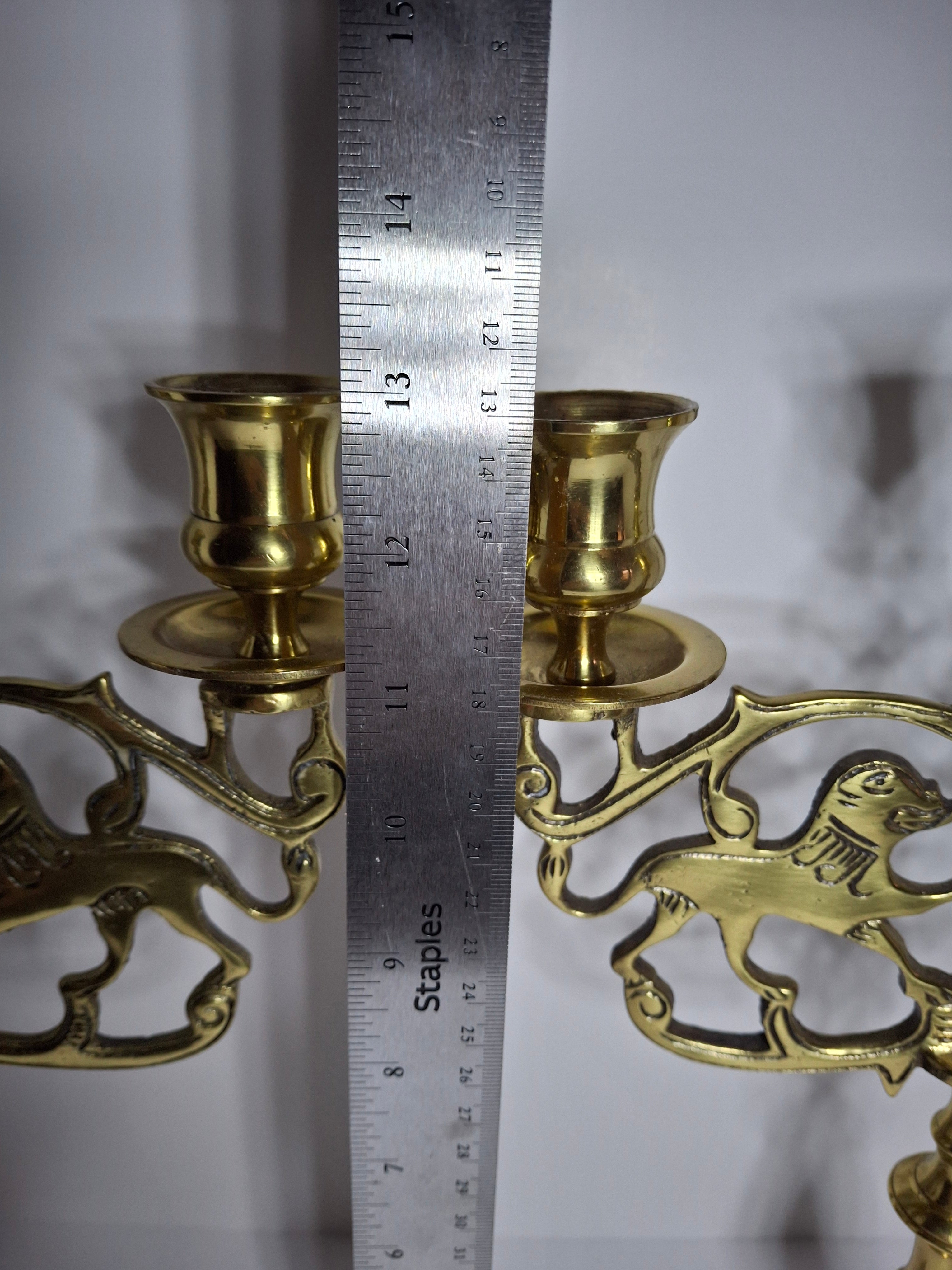 Pair of Late 19th Century Eastern European Brass 3-Arm Shabbat Candelabras Lion of Judah