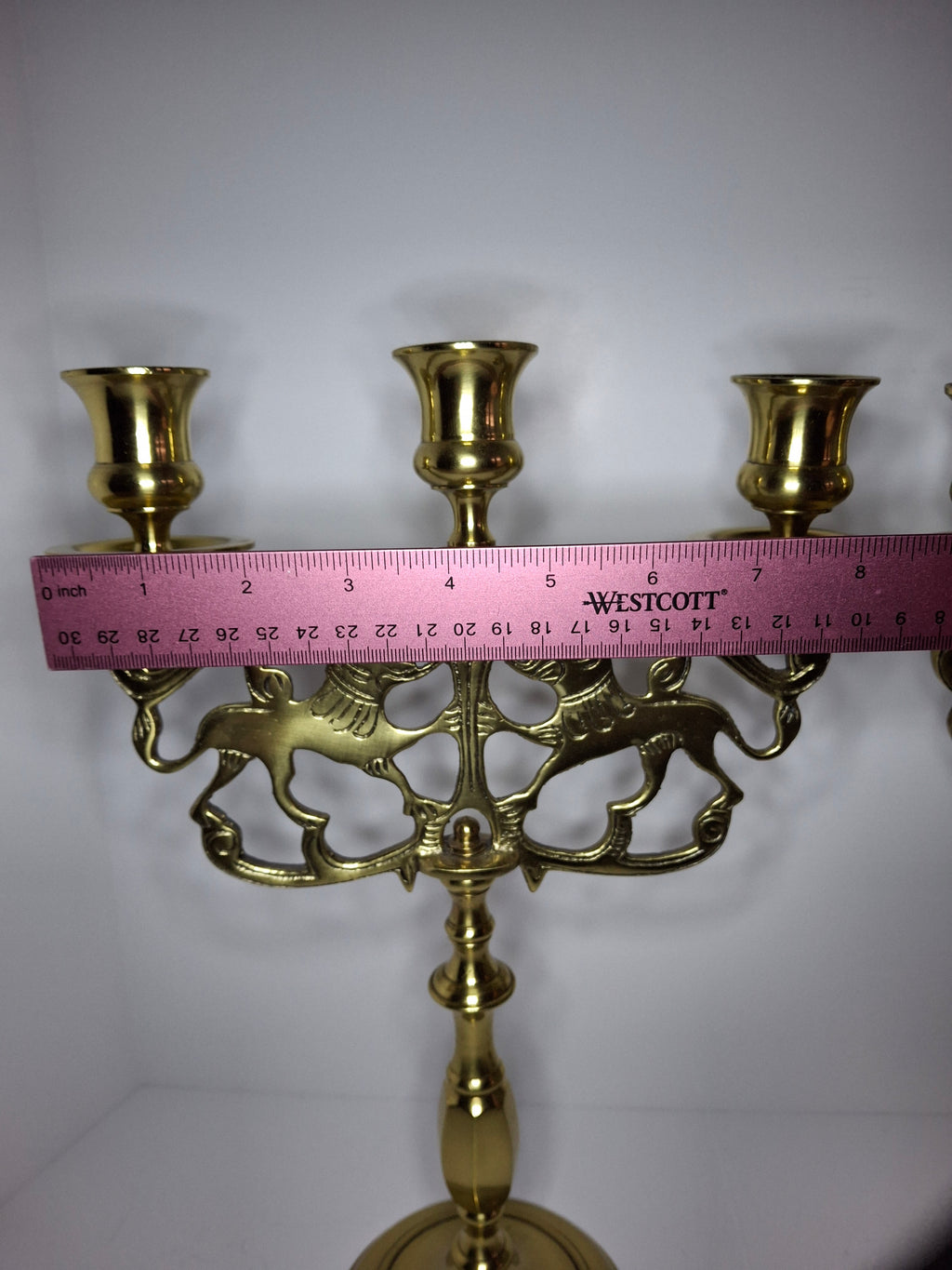 Pair of Late 19th Century Eastern European Brass 3-Arm Shabbat Candelabras Lion of Judah