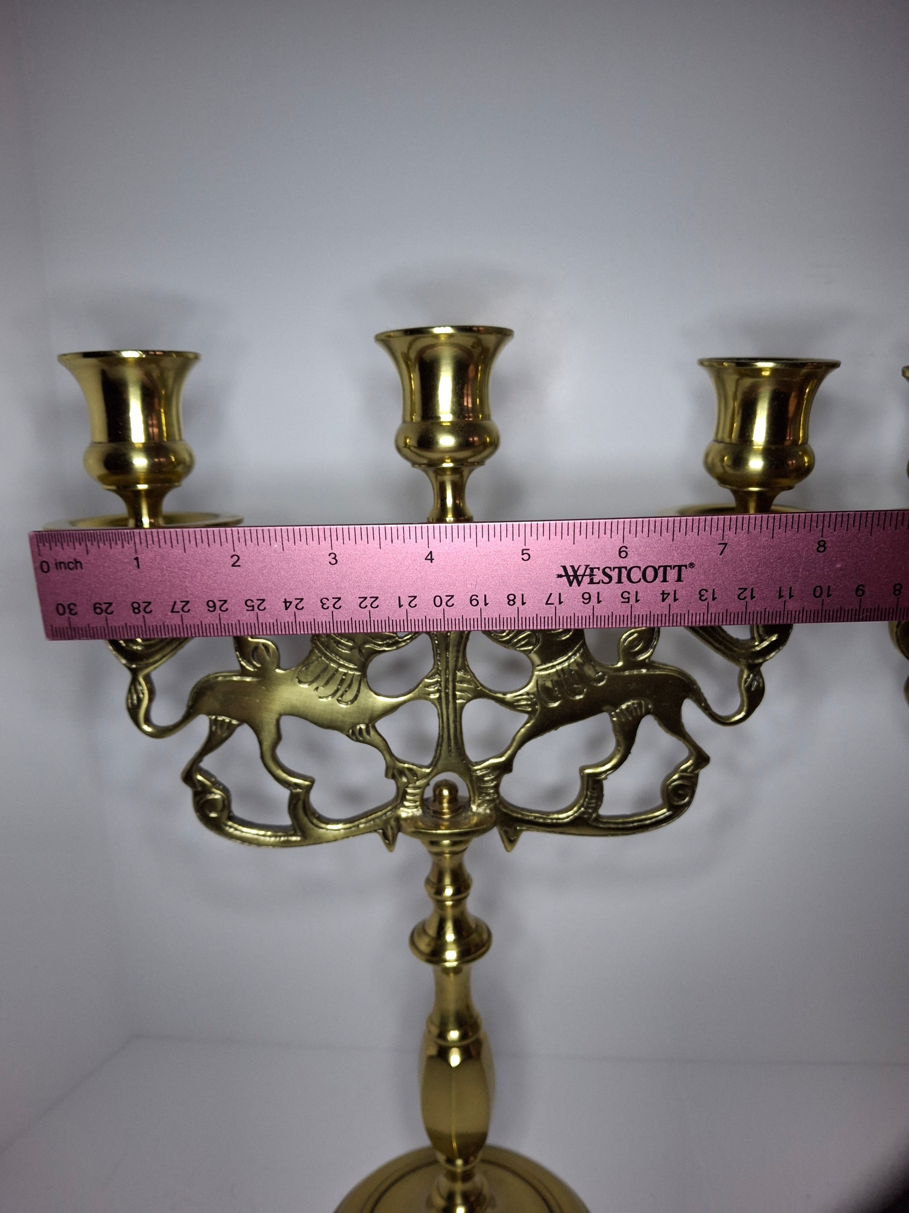 Pair of Late 19th Century Eastern European Brass 3-Arm Shabbat Candelabras Lion of Judah