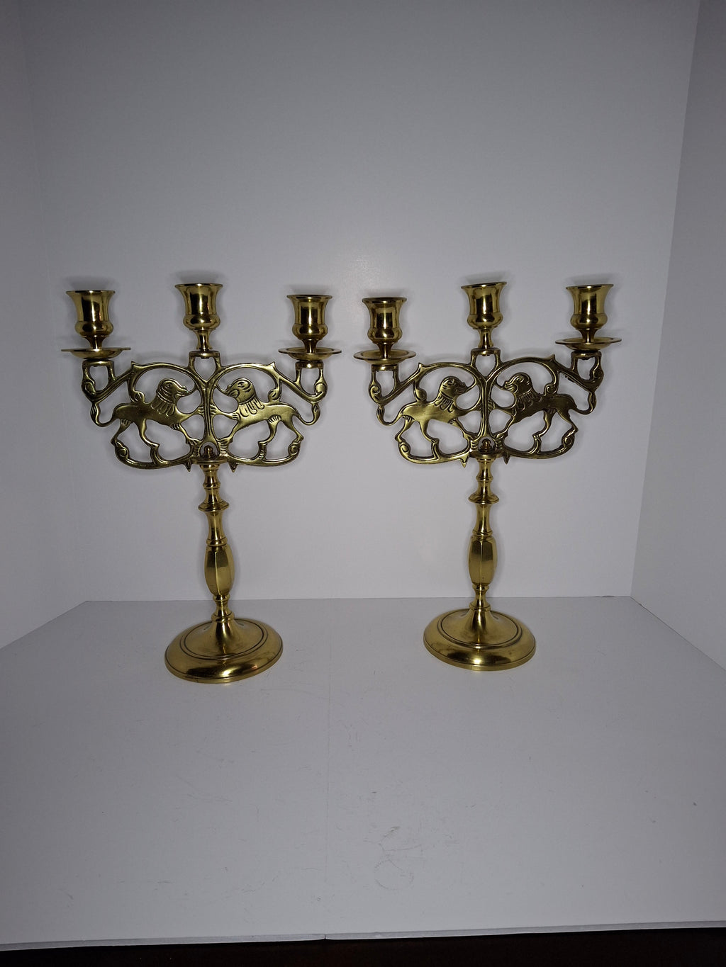 Pair of Late 19th Century Eastern European Brass 3-Arm Shabbat Candelabras Lion of Judah