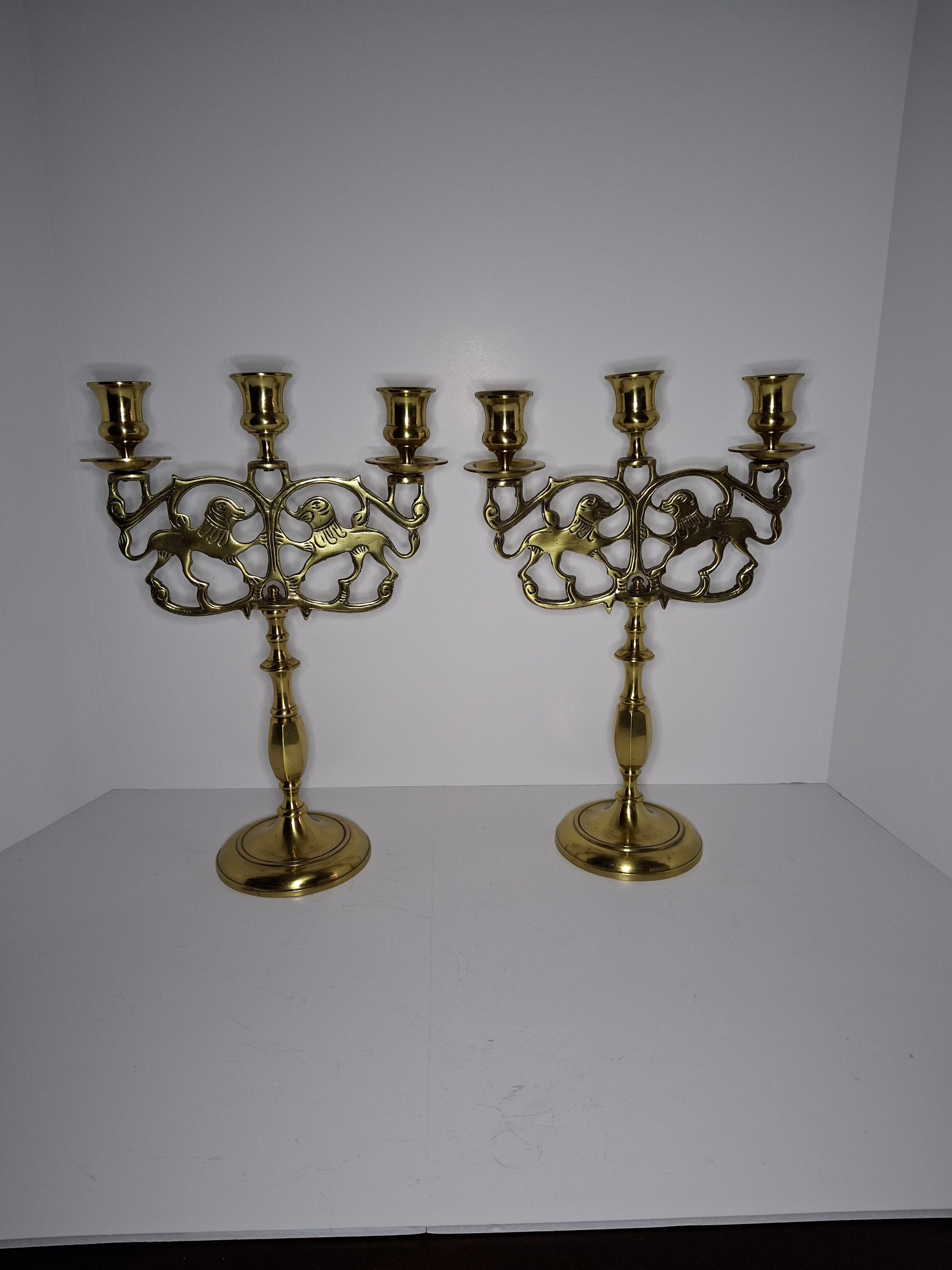 Pair of Late 19th Century Eastern European Brass 3-Arm Shabbat Candelabras Lion of Judah