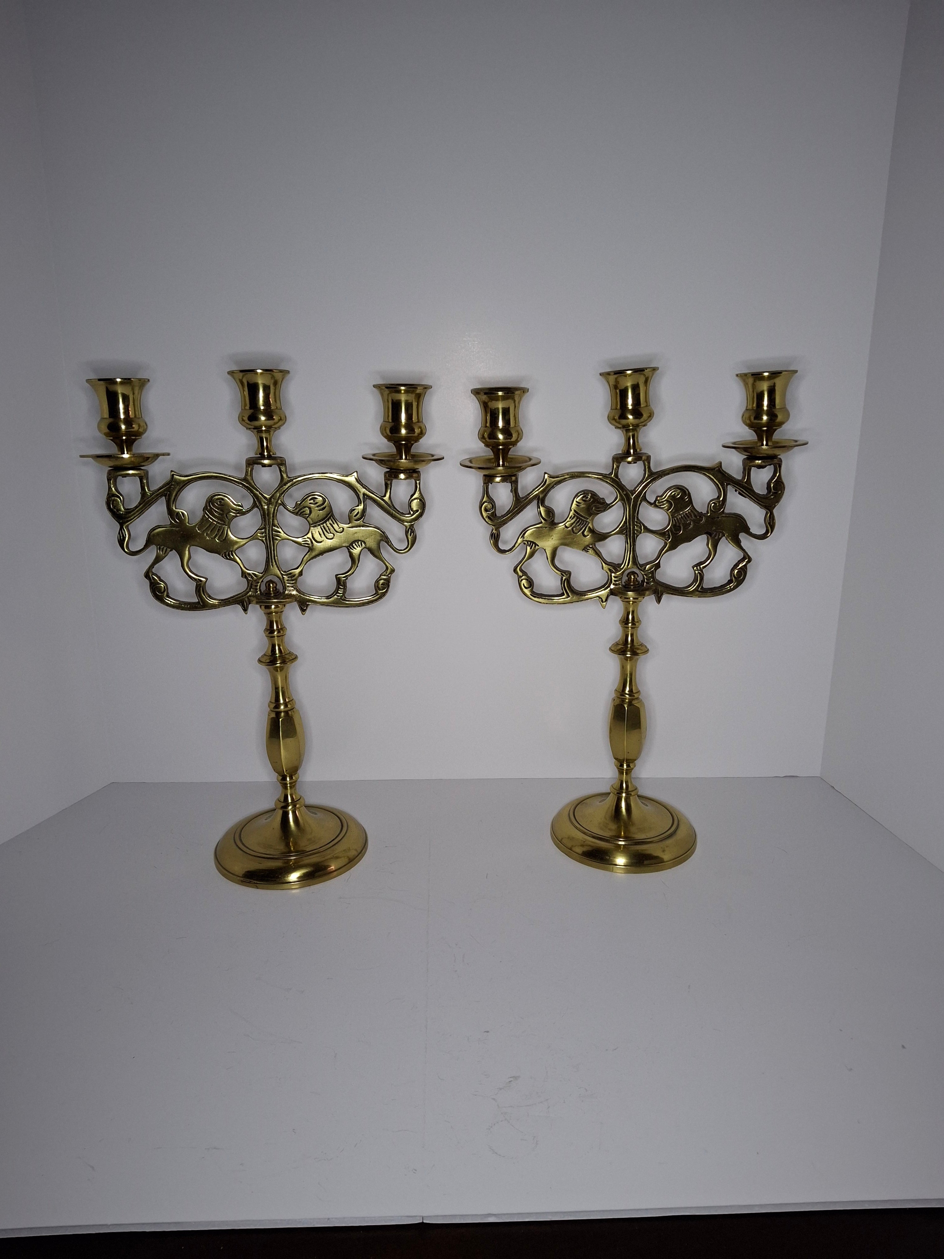 Pair of Late 19th Century Eastern European Brass 3-Arm Shabbat Candelabras Lion of Judah