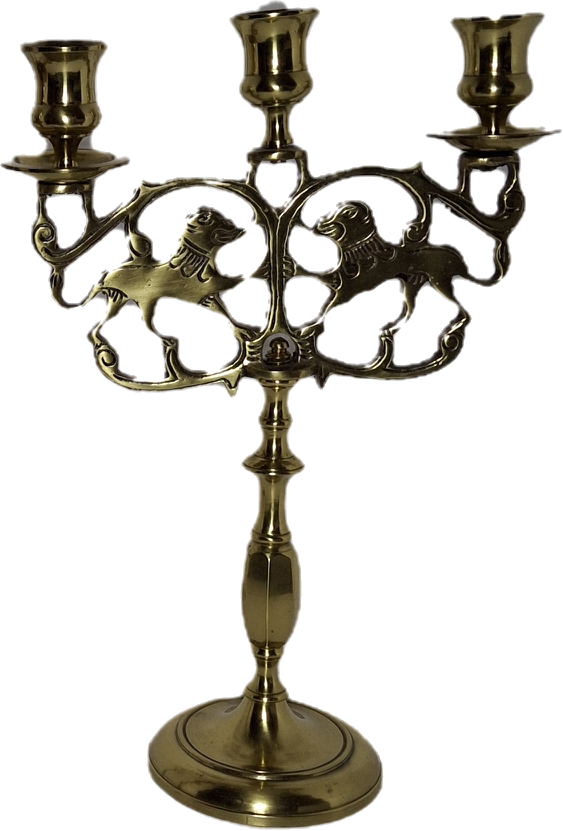 Pair of Late 19th Century Eastern European Brass 3-Arm Shabbat Candelabras Lion of Judah