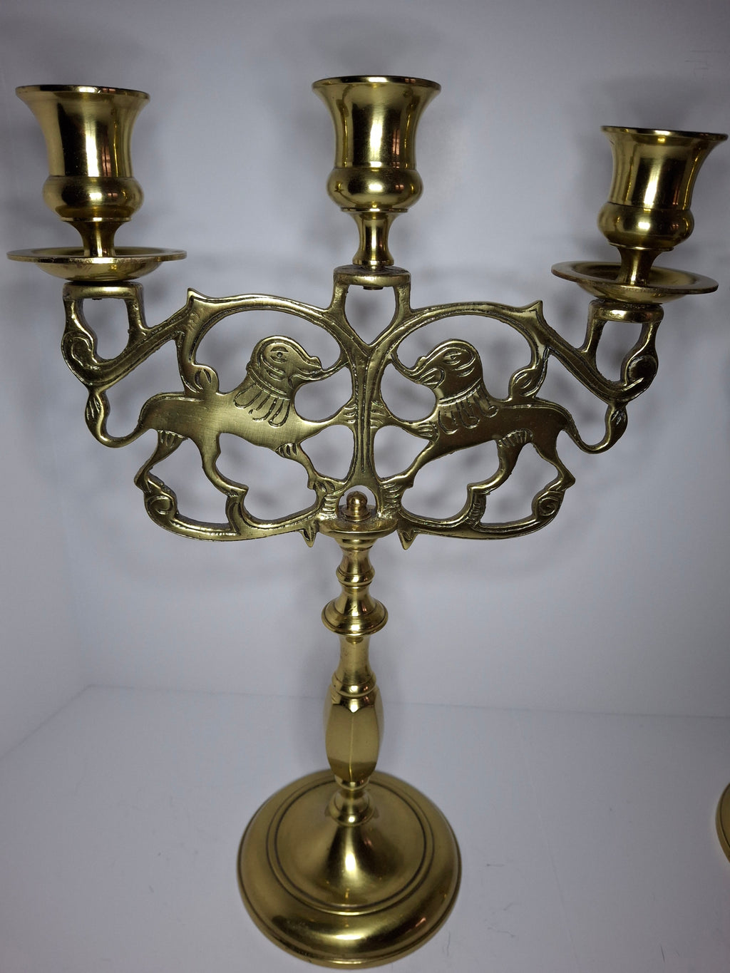 Pair of Late 19th Century Eastern European Brass 3-Arm Shabbat Candelabras Lion of Judah