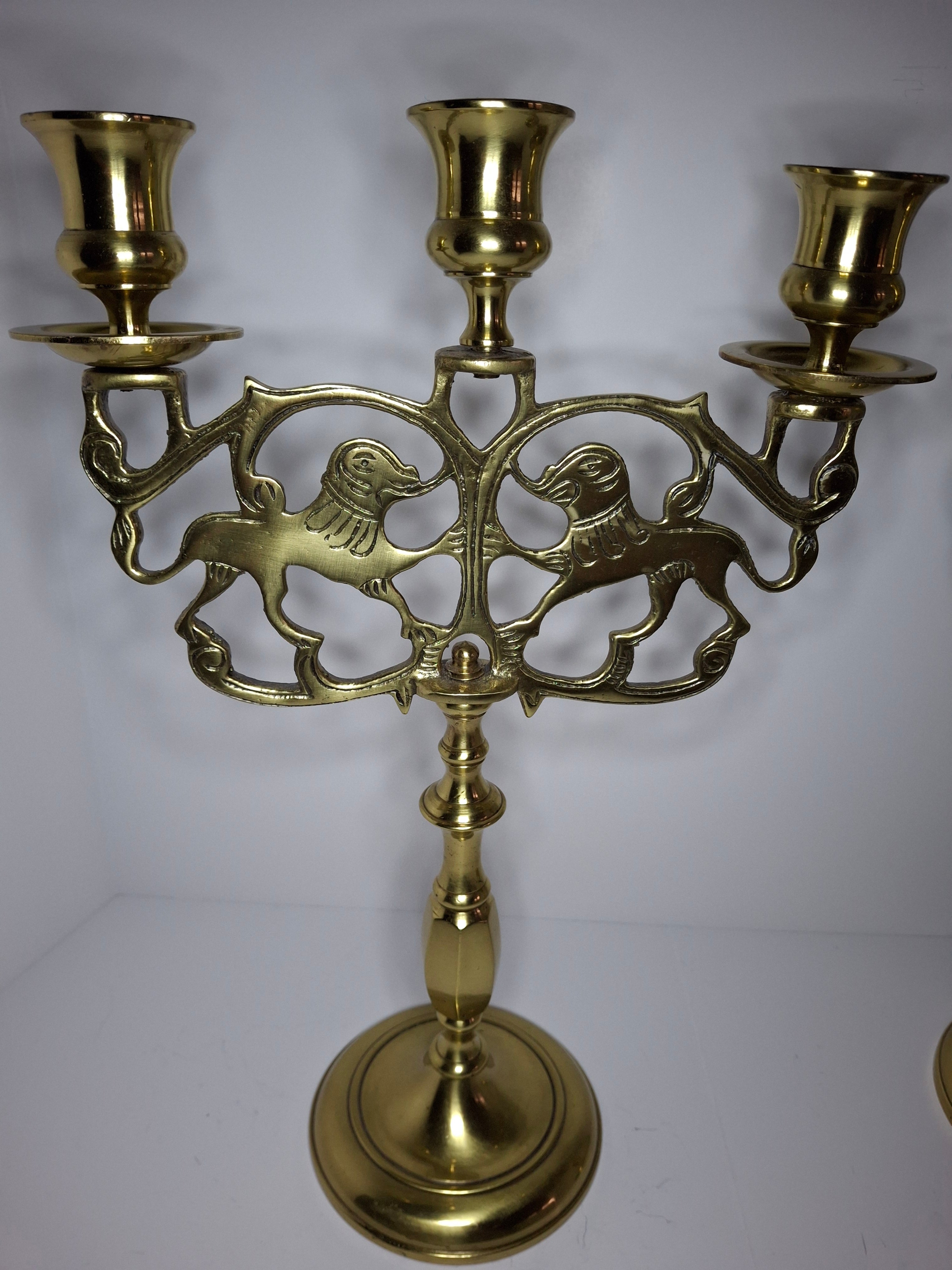 Pair of Late 19th Century Eastern European Brass 3-Arm Shabbat Candelabras Lion of Judah