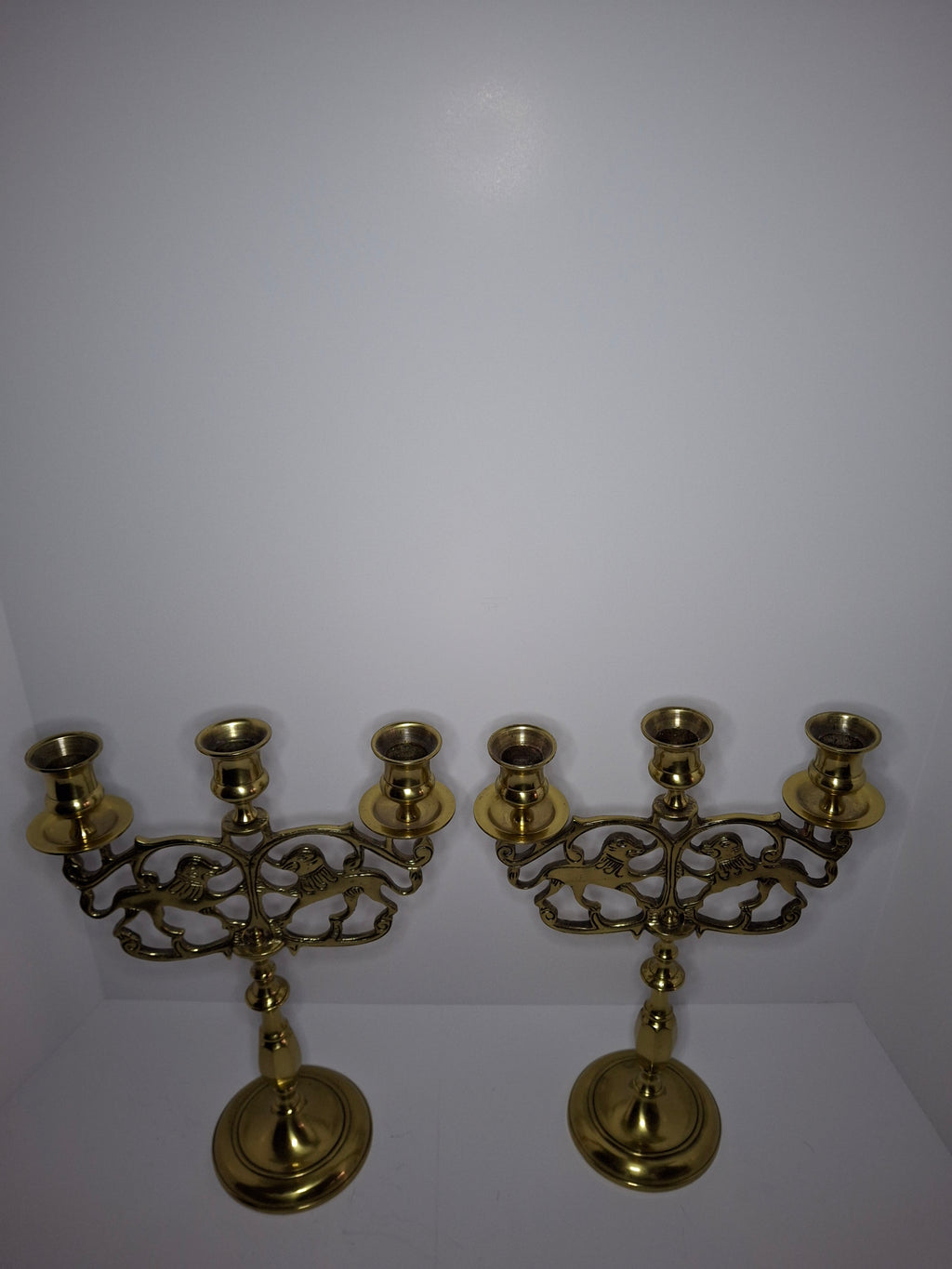 Pair of Late 19th Century Eastern European Brass 3-Arm Shabbat Candelabras Lion of Judah