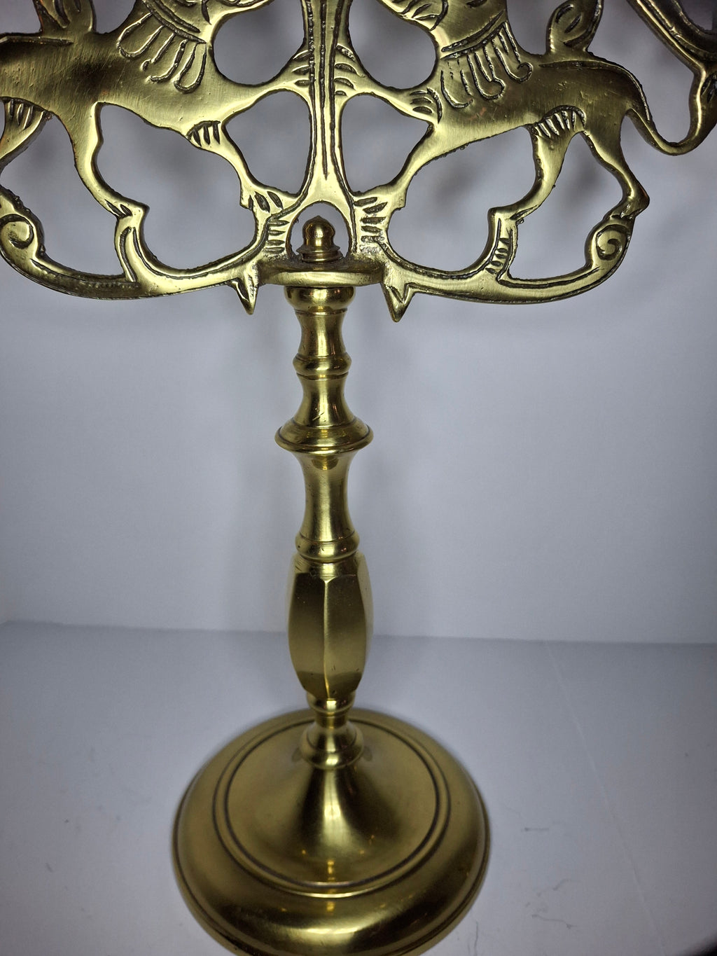 Pair of Late 19th Century Eastern European Brass 3-Arm Shabbat Candelabras Lion of Judah
